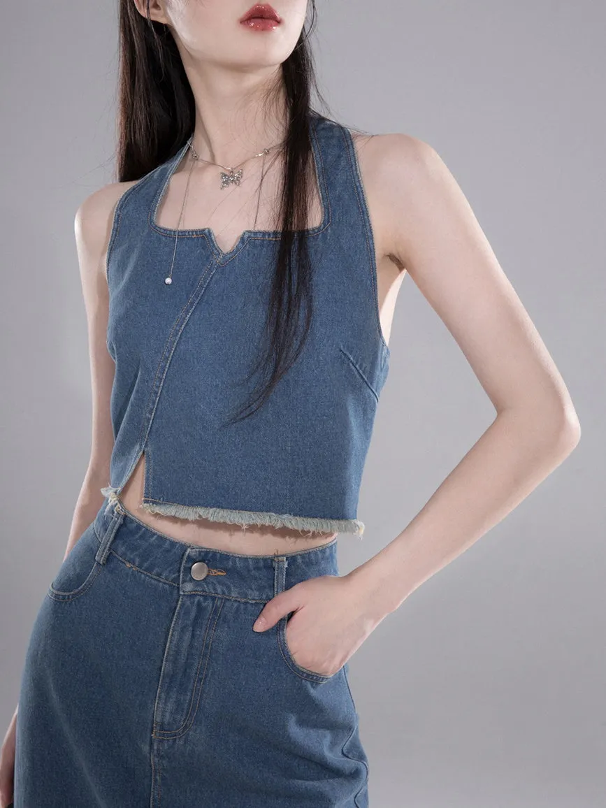 Denim Halter Neck Vest & Fishtail Skirt Set-up