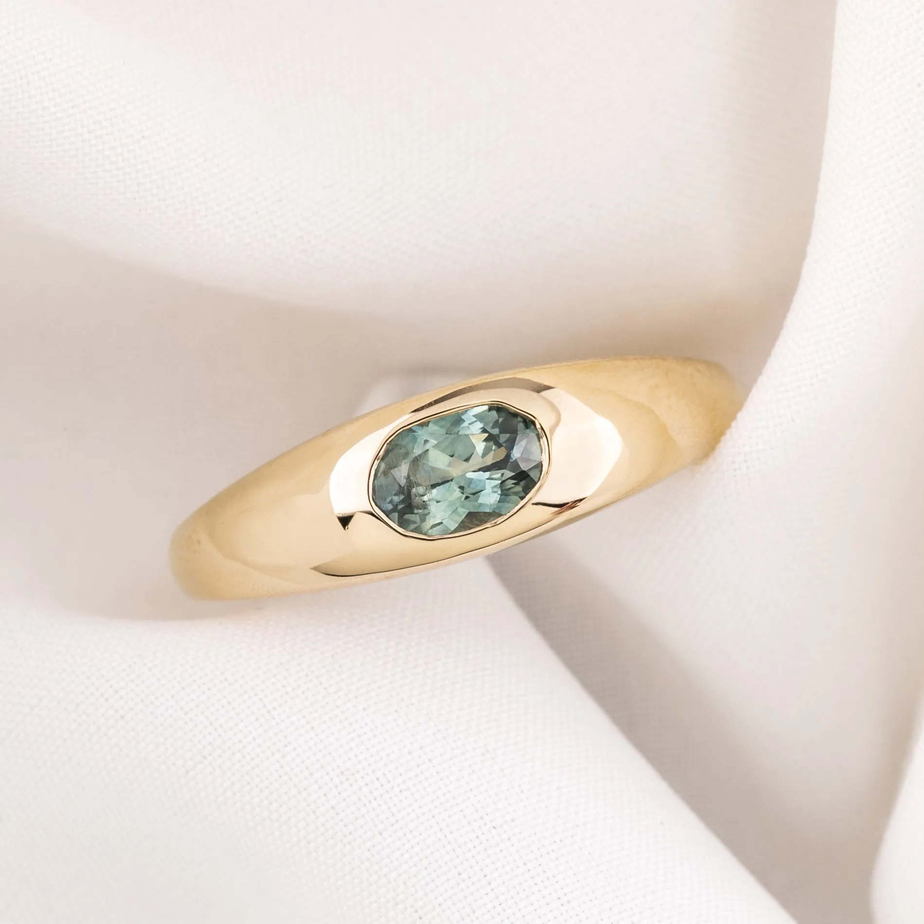 Dome Ring 0.60ct Blue Green Montana Sapphire, 14k Yellow Gold (One of a kind)