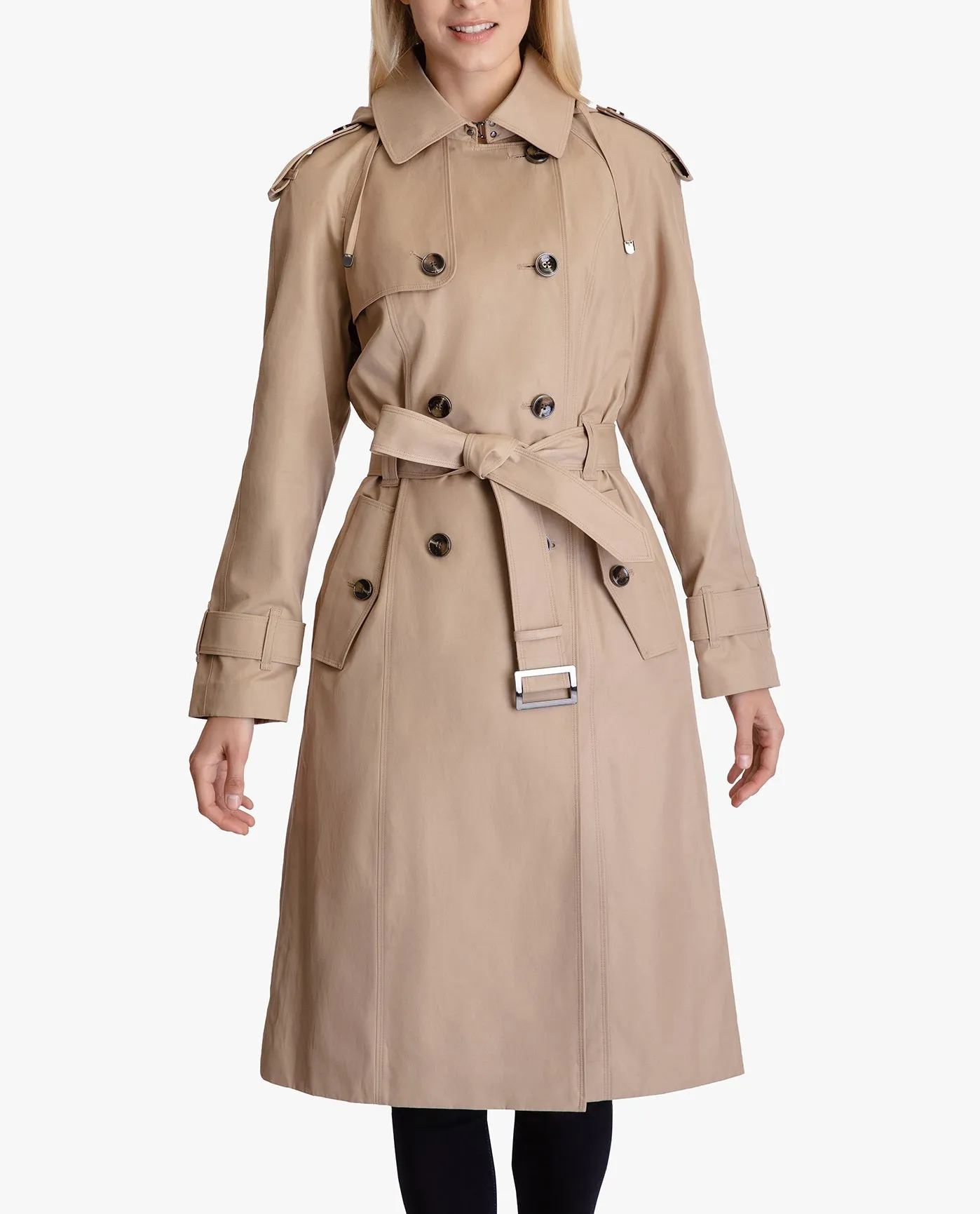 DOUBLE BREASTED BUTTON FRONT HOODED TRENCH WITH BELT