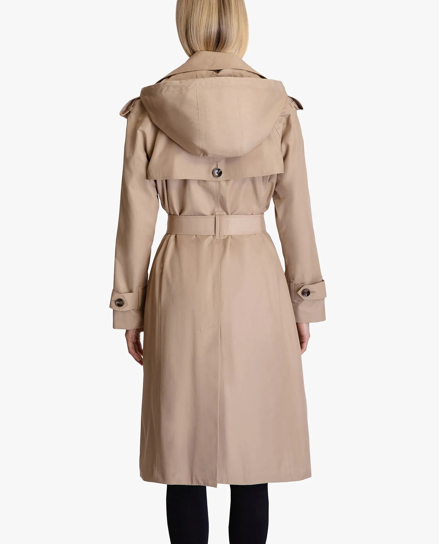 DOUBLE BREASTED BUTTON FRONT HOODED TRENCH WITH BELT