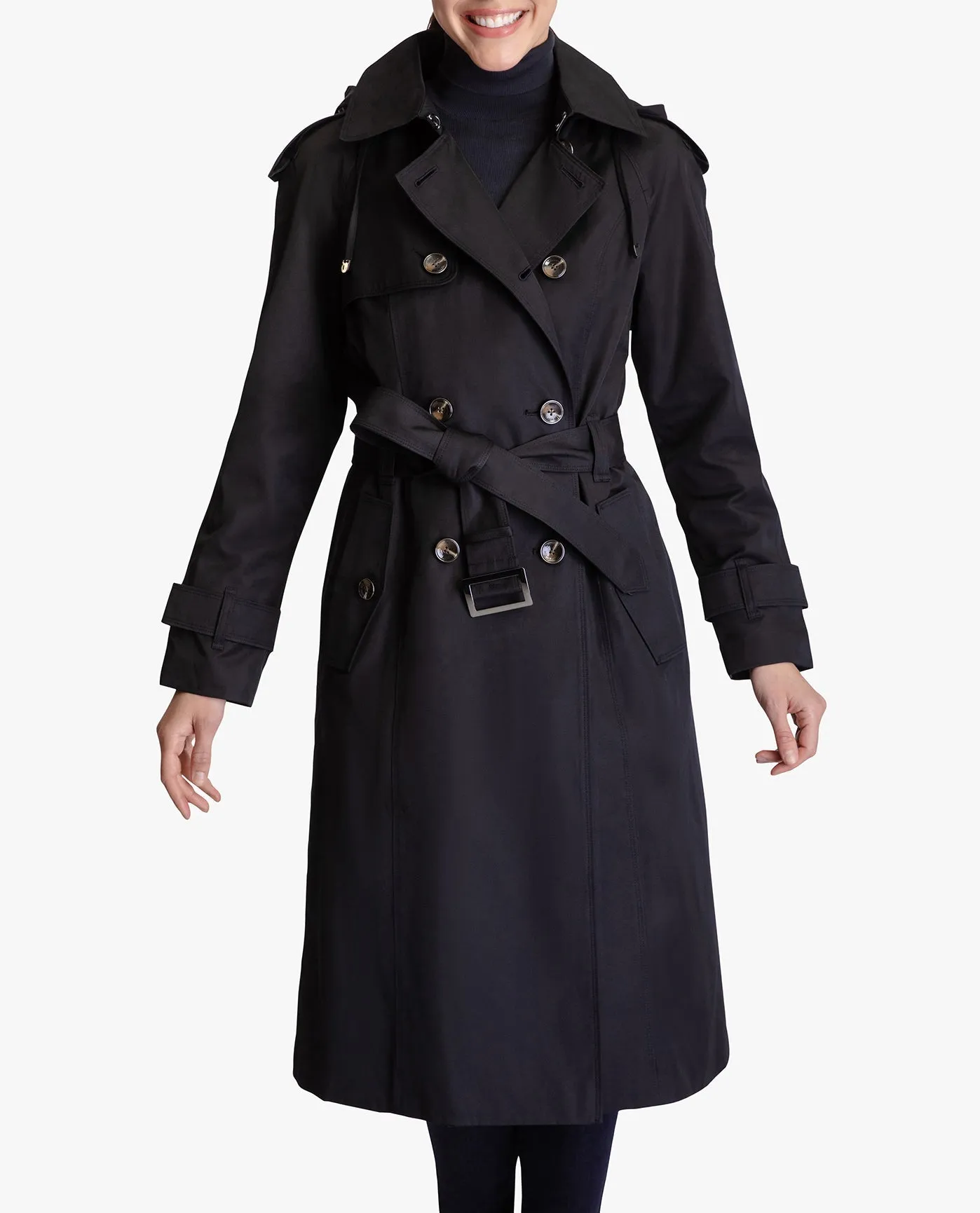 DOUBLE BREASTED BUTTON FRONT HOODED TRENCH WITH BELT