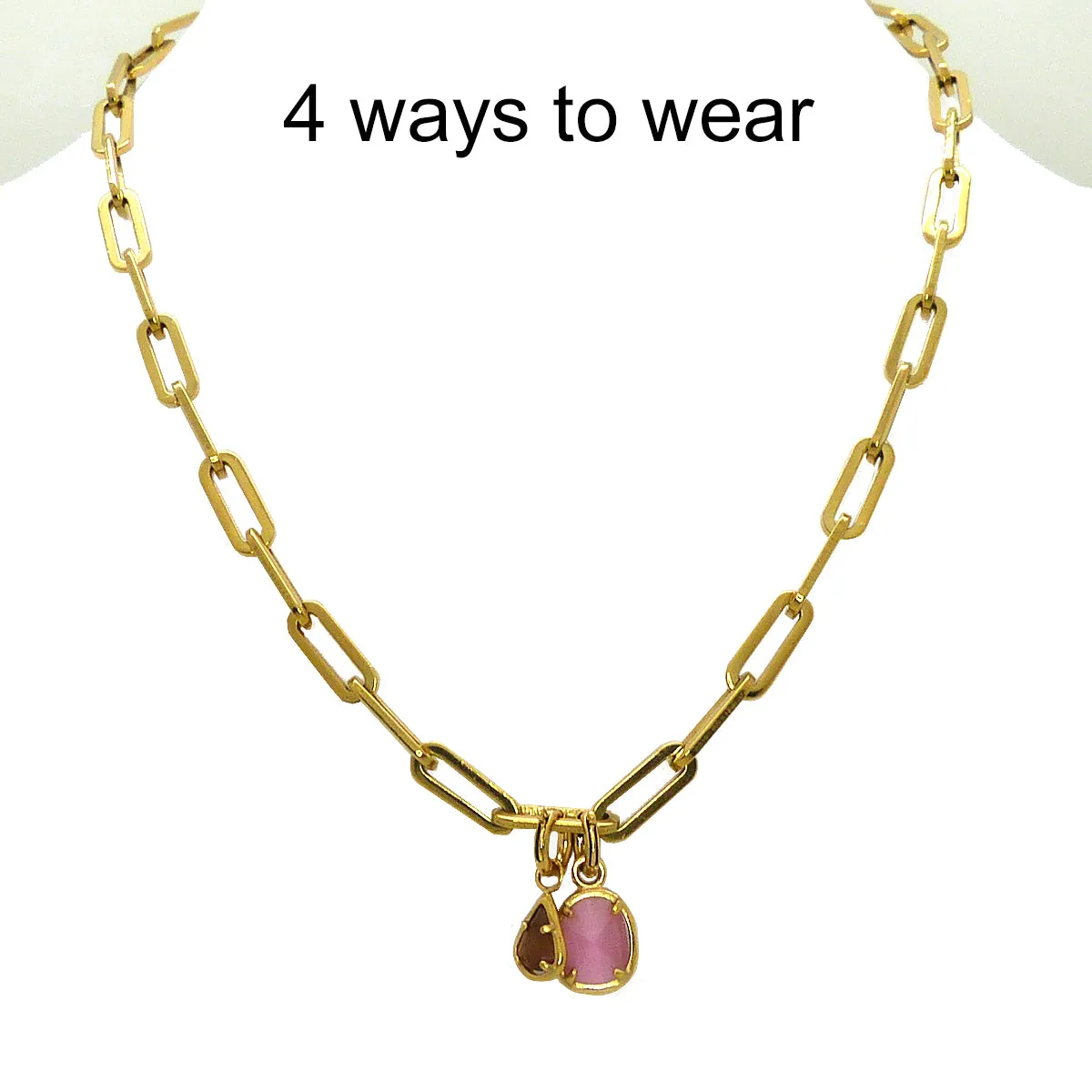 Double Charm Pink Cat's Eye Crystal Gold Paperclip Chain Necklace by Trades Haim Shahar