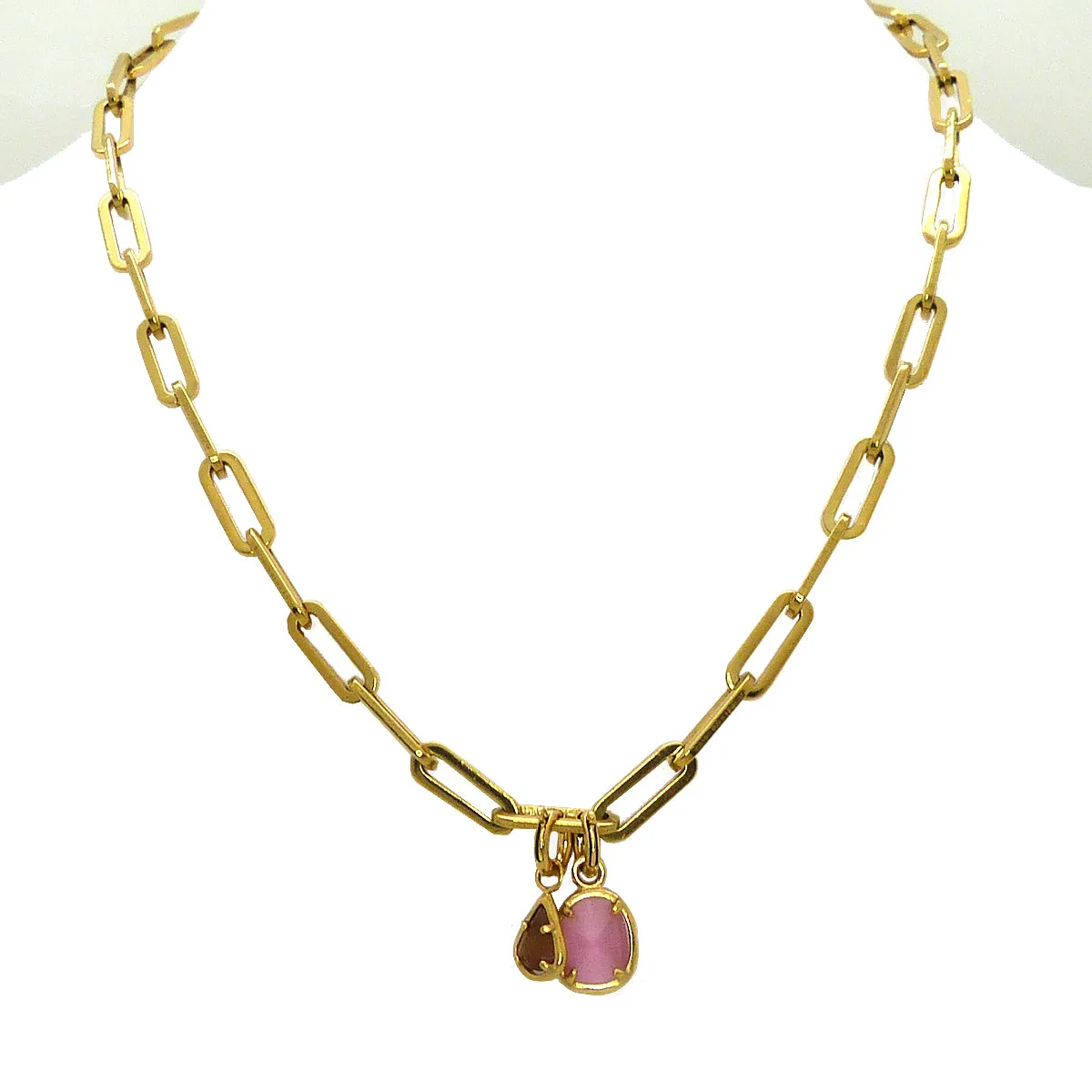 Double Charm Pink Cat's Eye Crystal Gold Paperclip Chain Necklace by Trades Haim Shahar