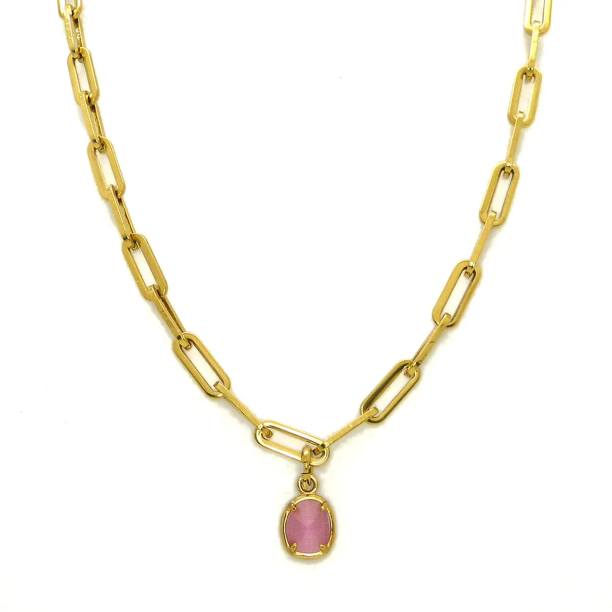 Double Charm Pink Cat's Eye Crystal Gold Paperclip Chain Necklace by Trades Haim Shahar