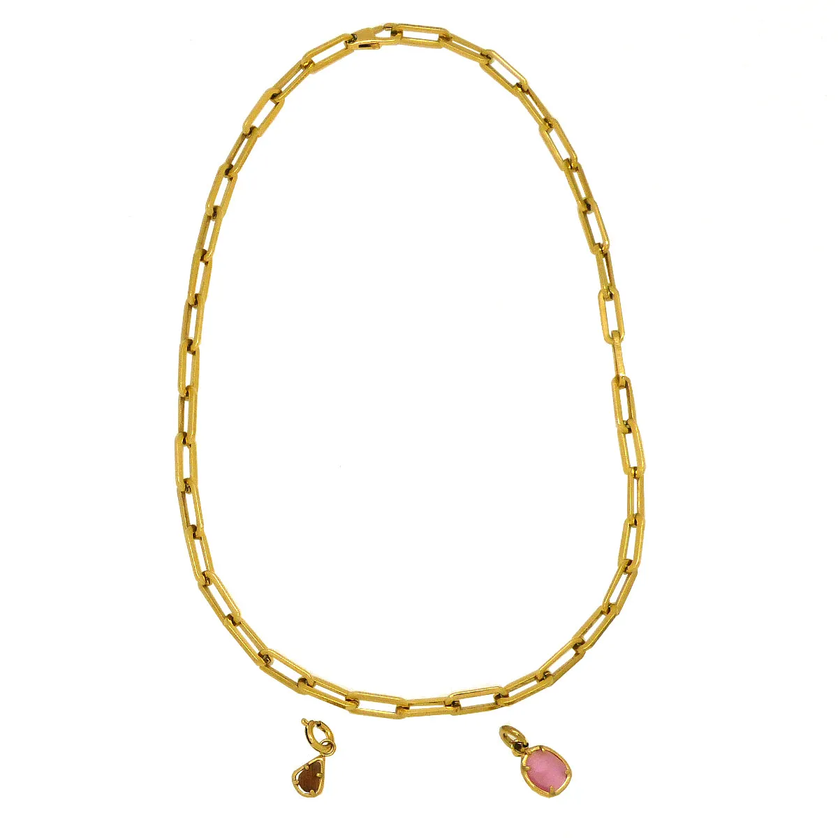 Double Charm Pink Cat's Eye Crystal Gold Paperclip Chain Necklace by Trades Haim Shahar