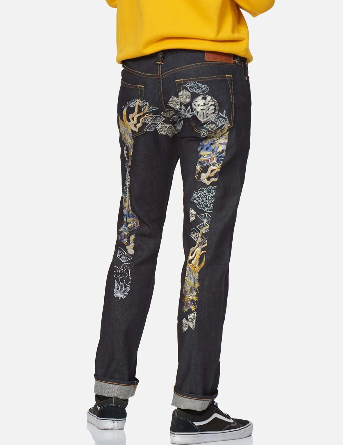 Dragon and Kanji Daicock Embroidered Slim Straight fit Jeans #2010