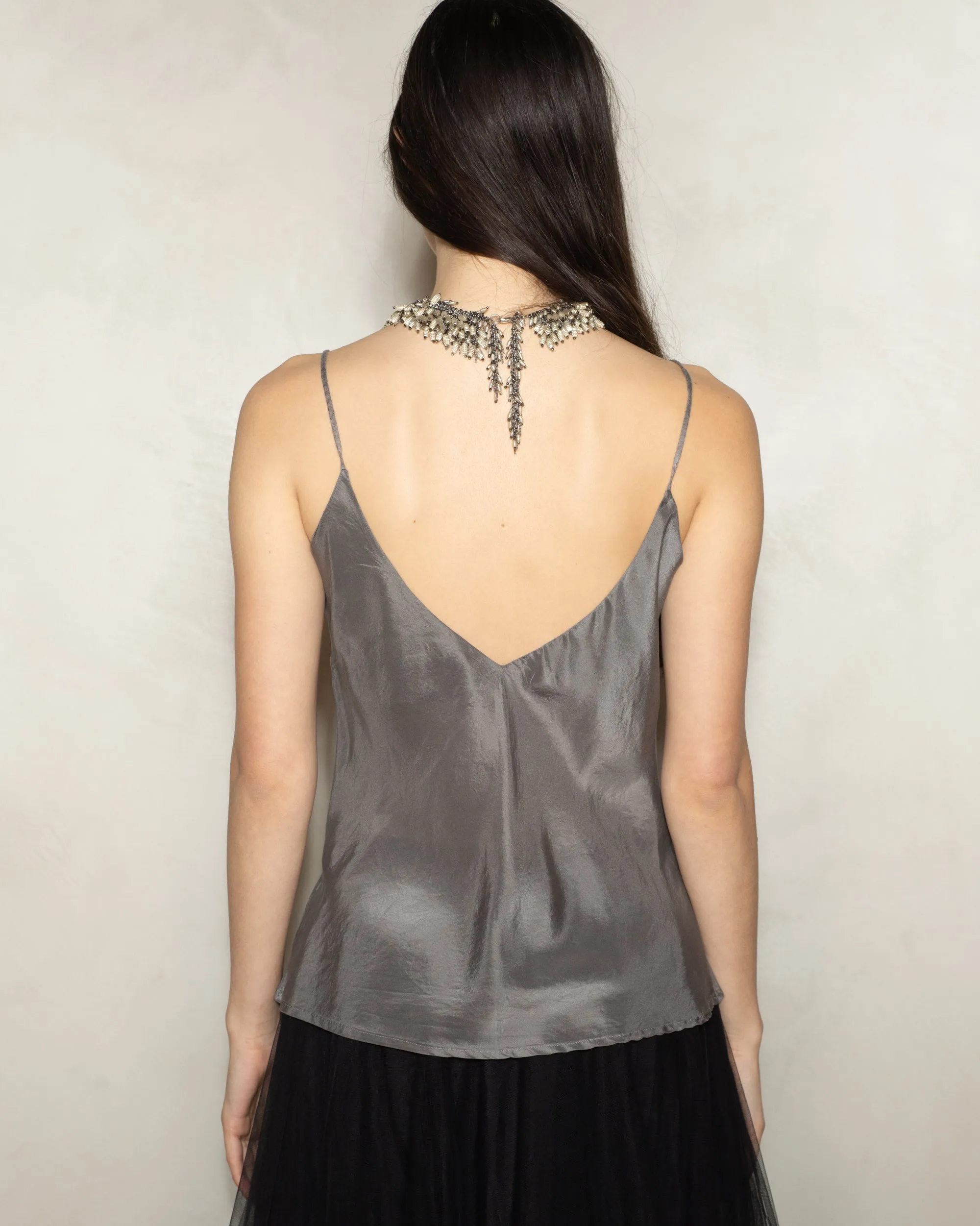 Dusty Grey Silk Sleeveless V-Neck Top