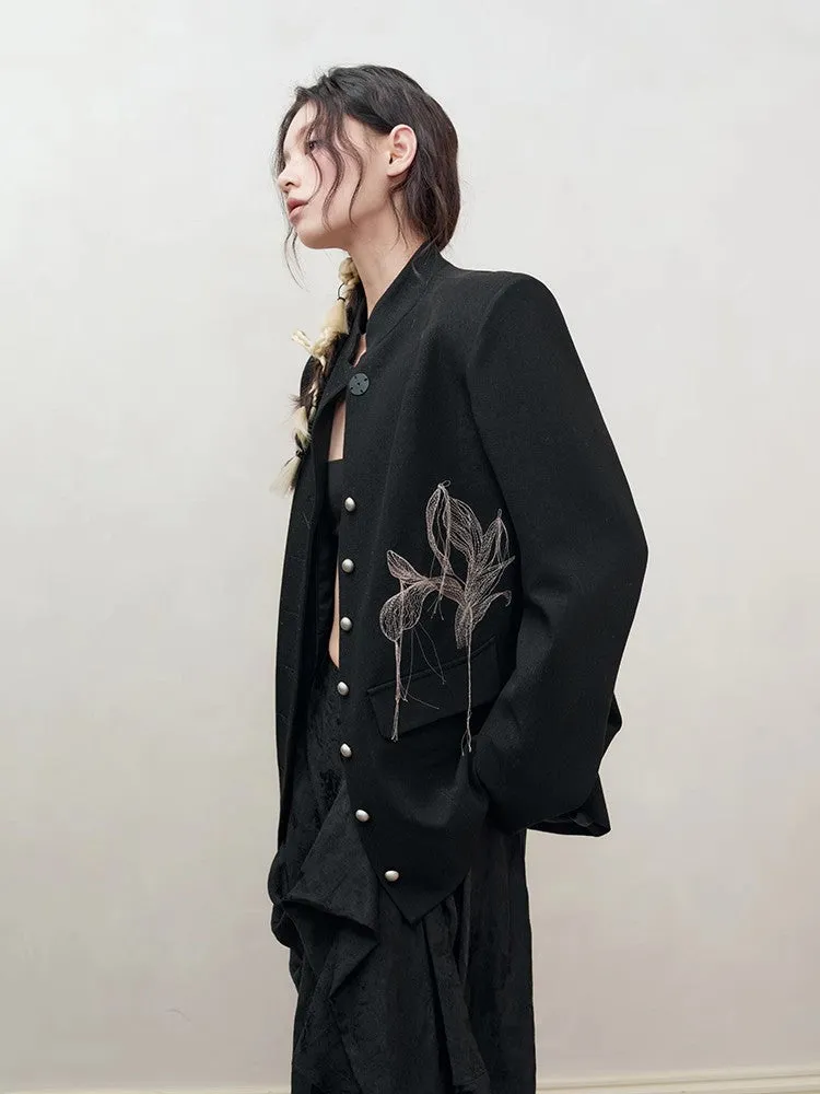 Embroidery Nichi Flower Band-Collar Jacket