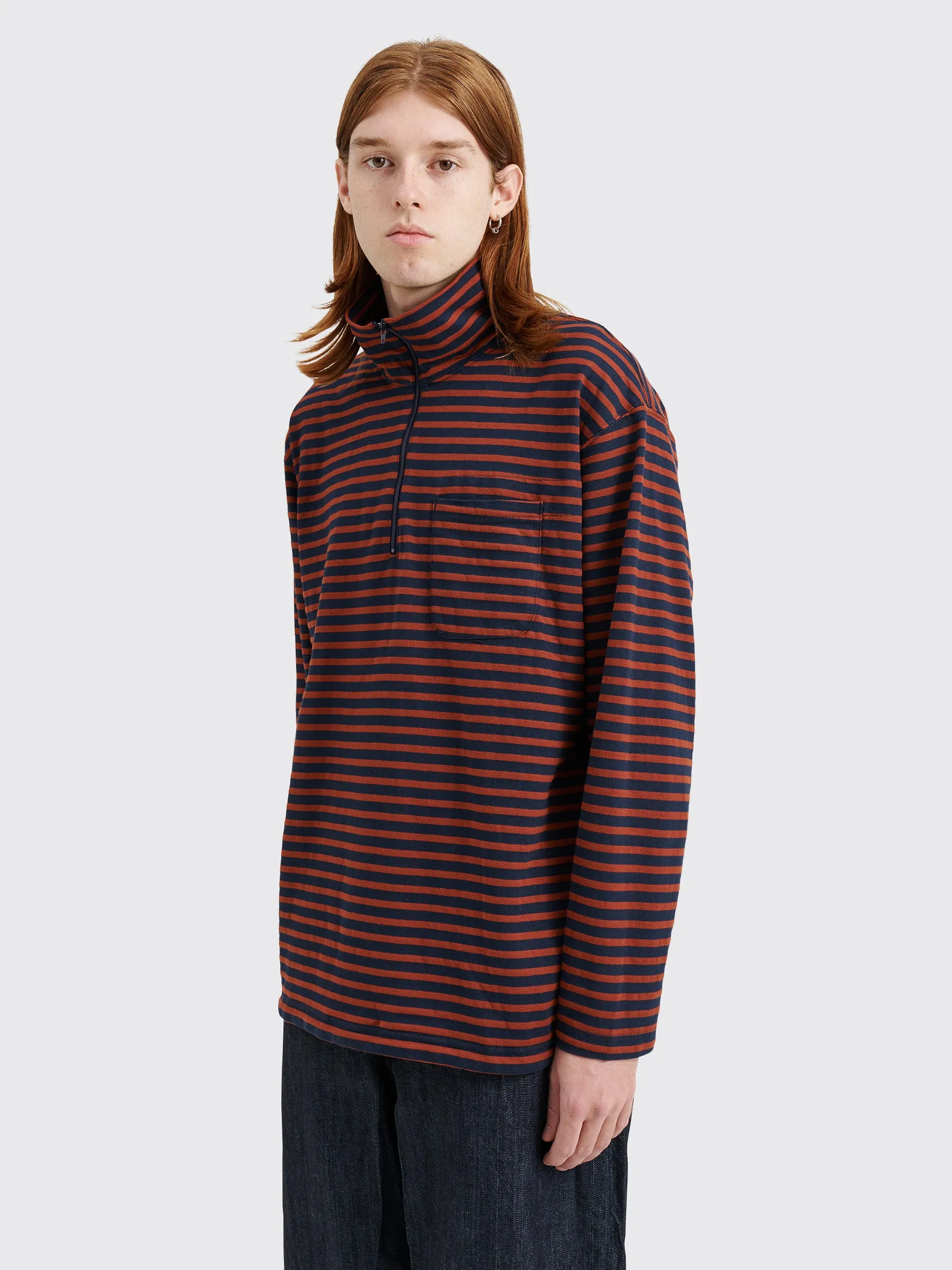 Engineered Garments Zip Mock Neck Sweater Stripe Brown / Navy