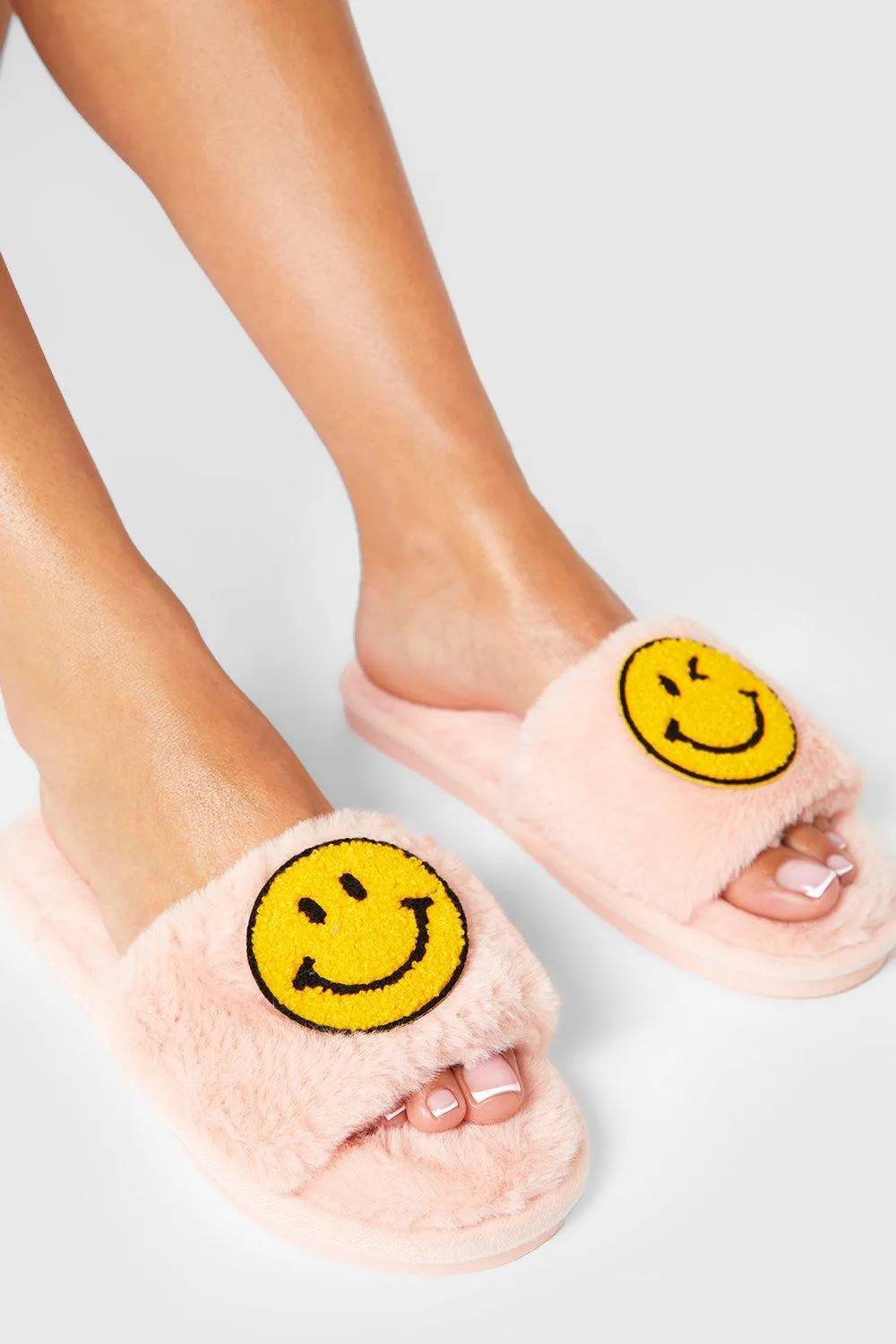 Faux Fur Happy Face Open Toe Slippers