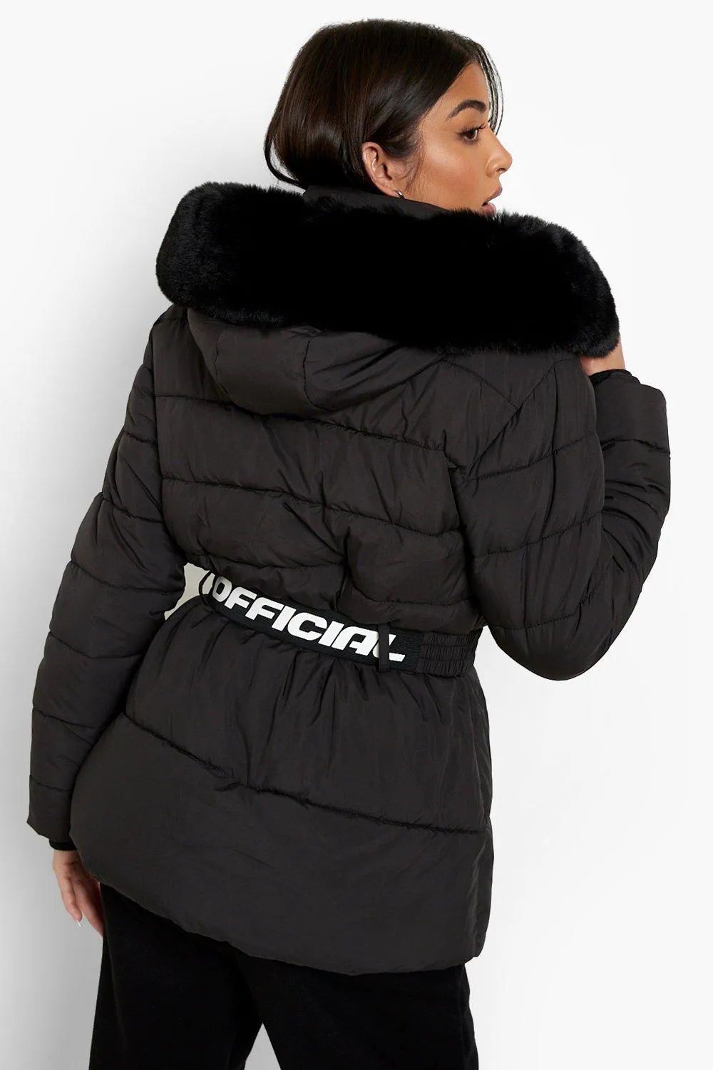 Faux Fur Trim Belted Puffer Jacket