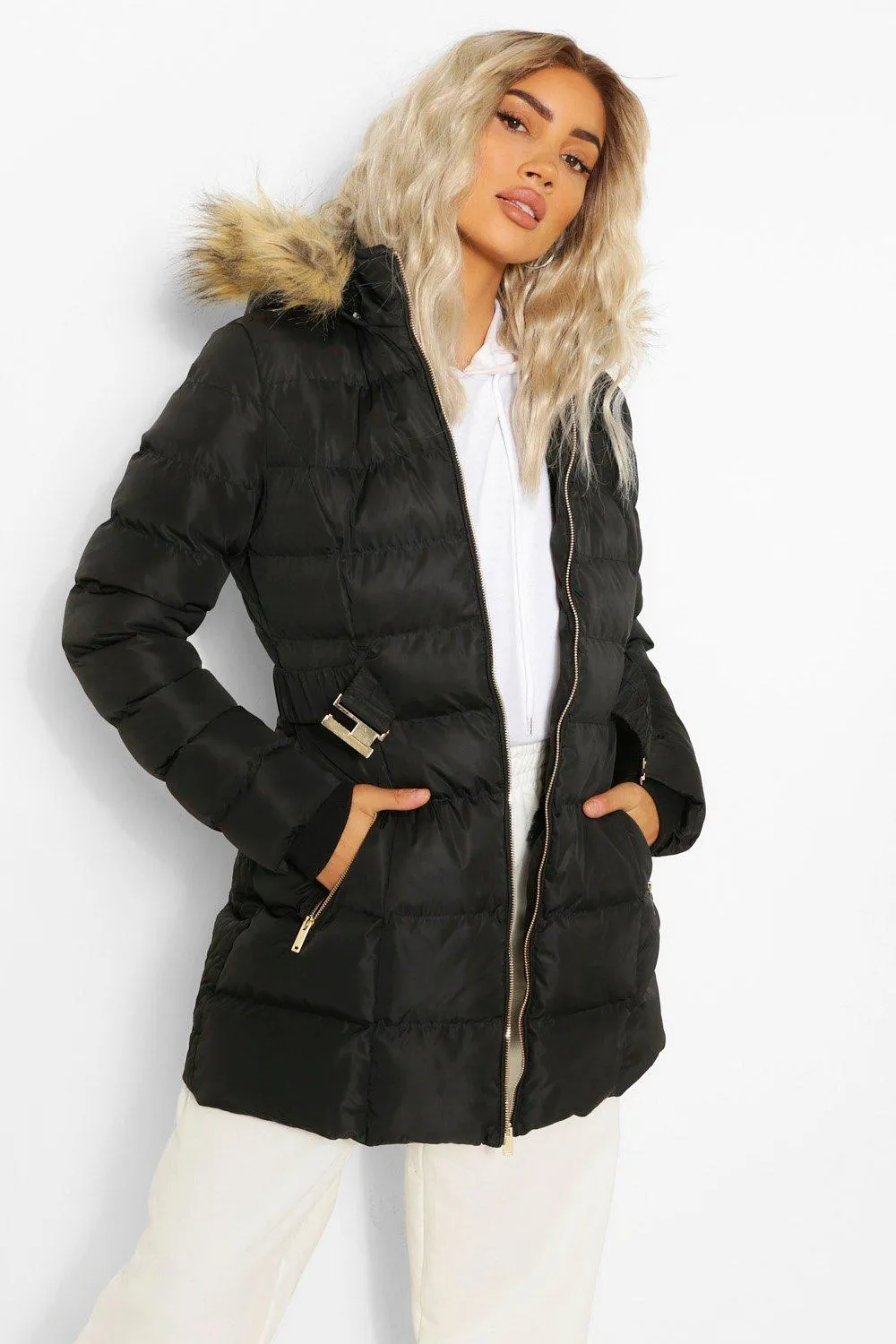 Faux Fur Trim Hooded Belted Puffer Jacket