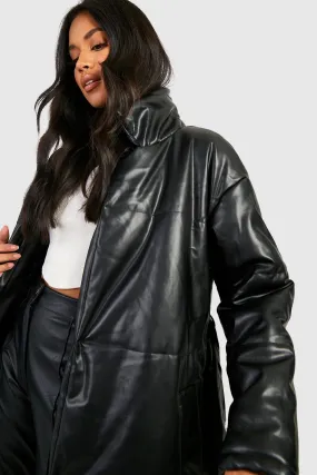 Faux Leather Belted Puffer Jacket