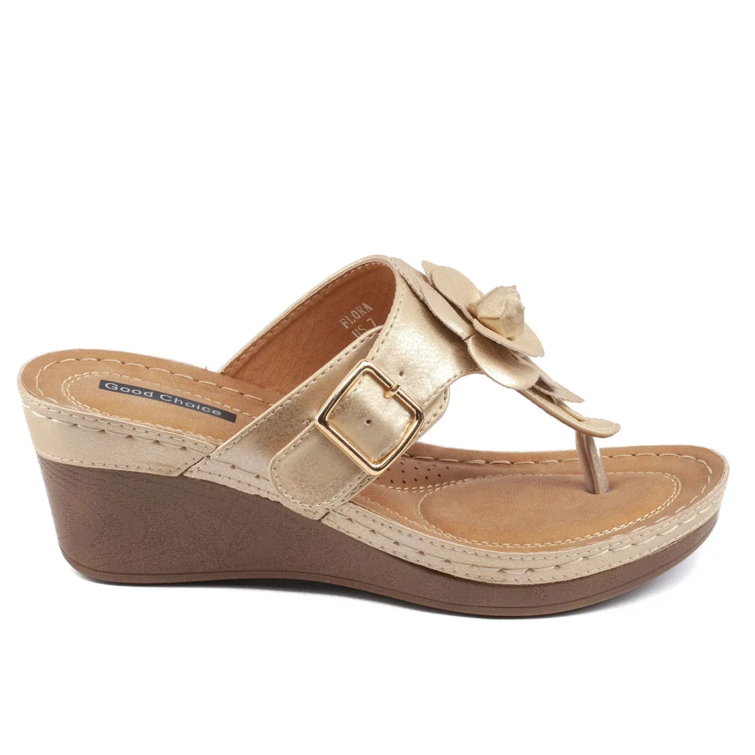 Flora Gold Wedge Sandals