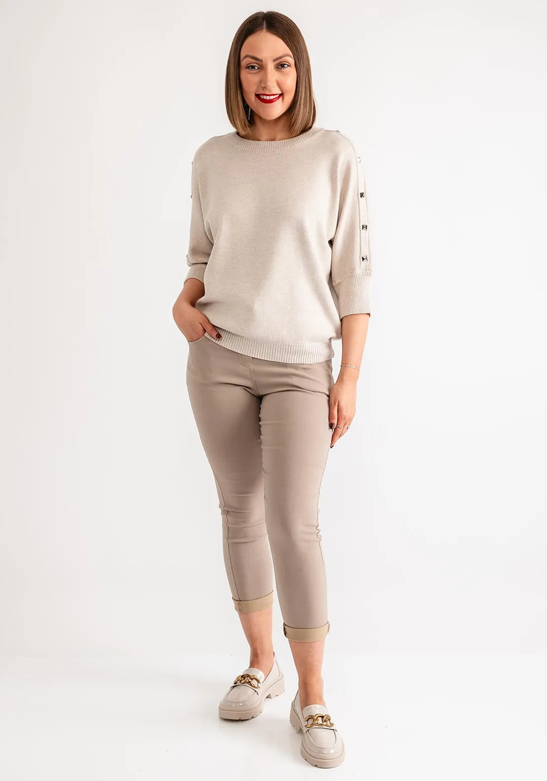 Freequent Studded Short Sleeve Sweater, Cream