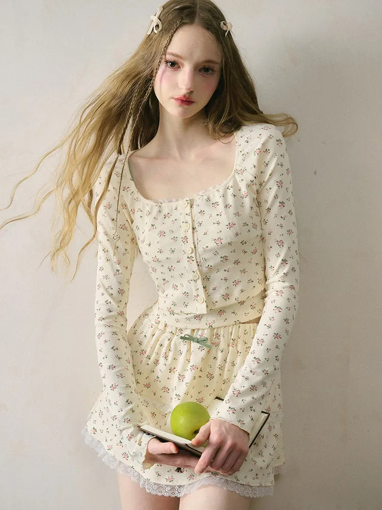 French Floral Girly Camisole ＆ Cropped Cardigan ＆ Skirt