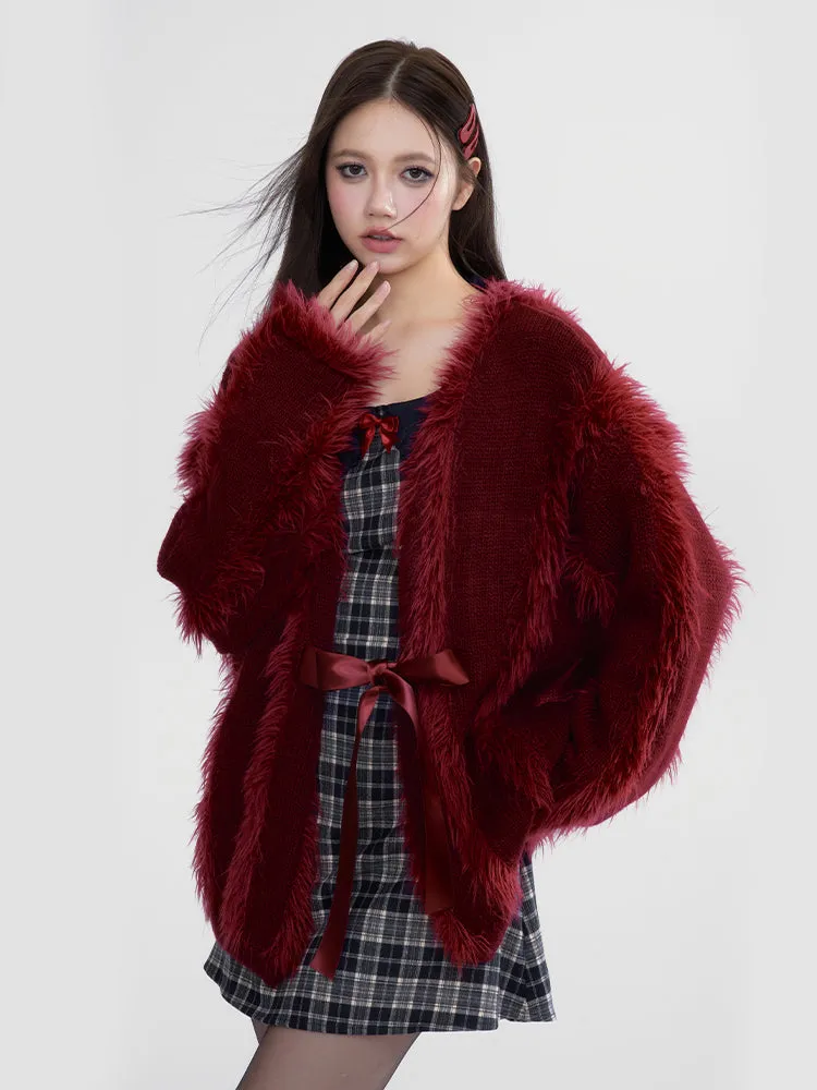 Fur Ribbon Oversize Fluffily Cute Cardigan