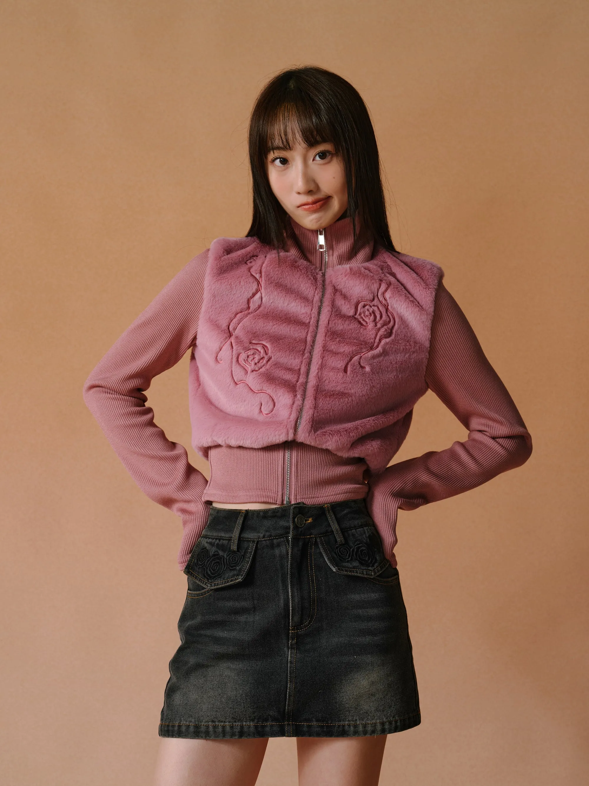 Fur Stitching Flower Vine Zipper High Neck Jacket
