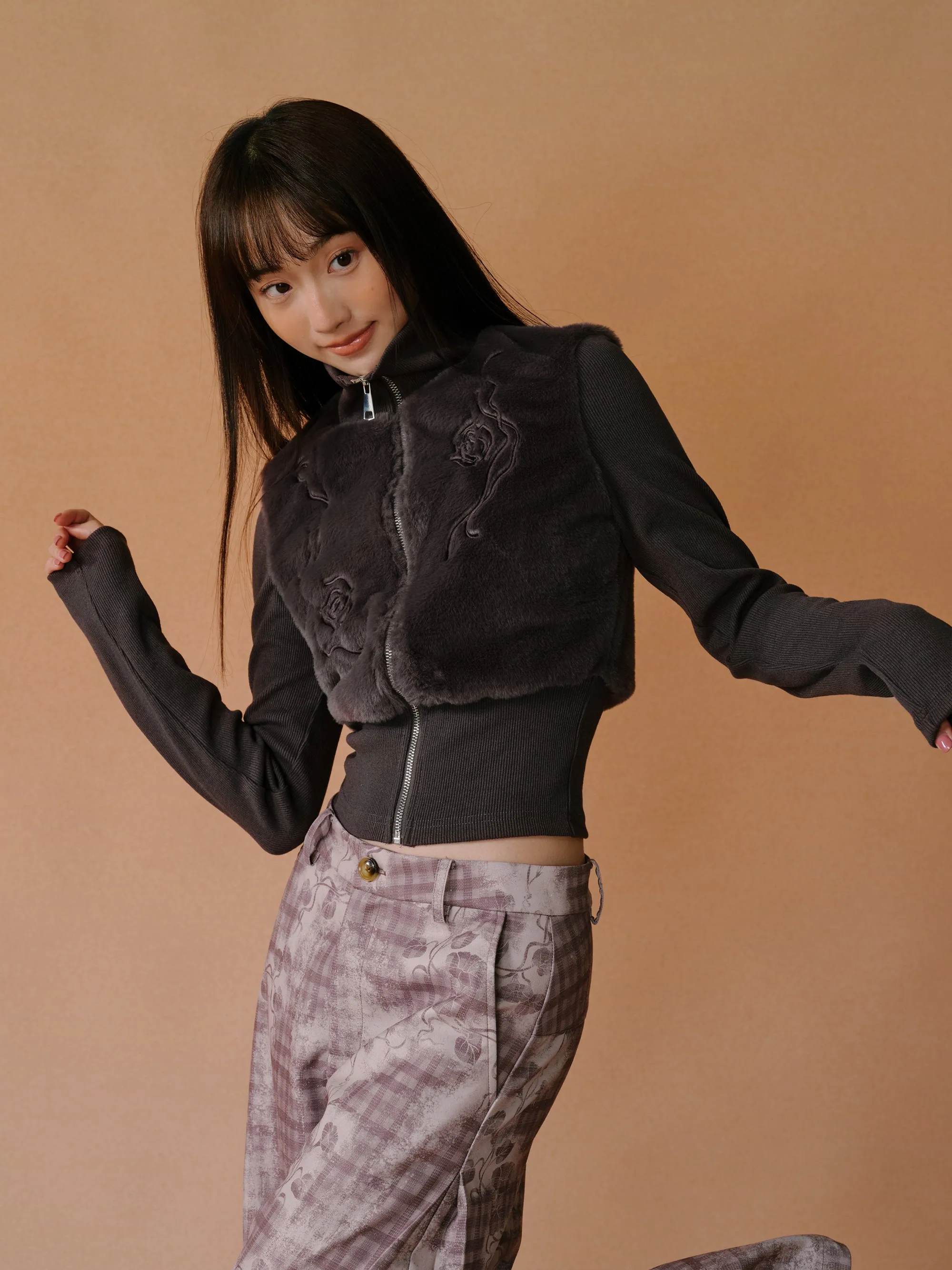 Fur Stitching Flower Vine Zipper High Neck Jacket