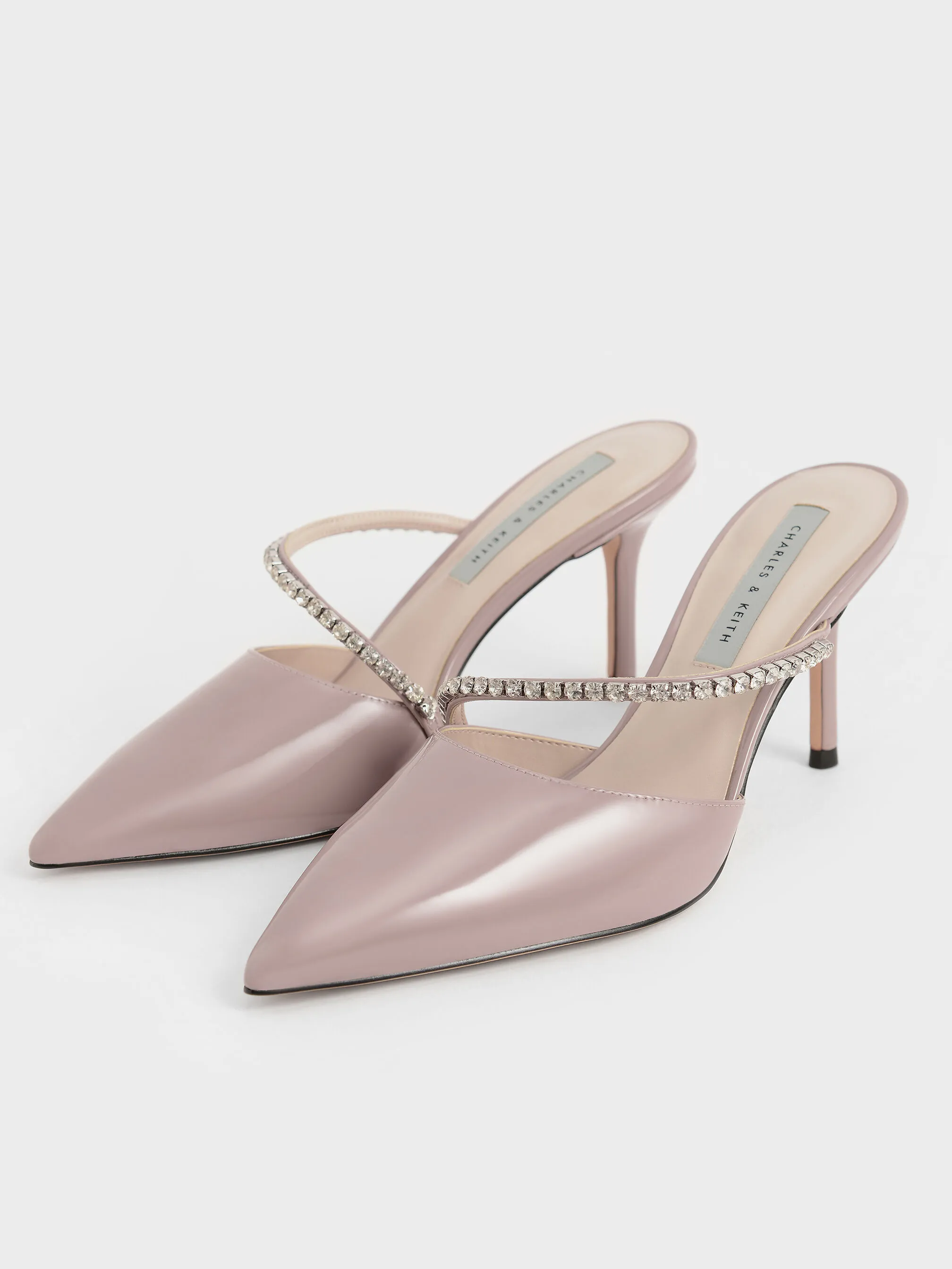 Gem-Encrusted Patent Mules - Taupe