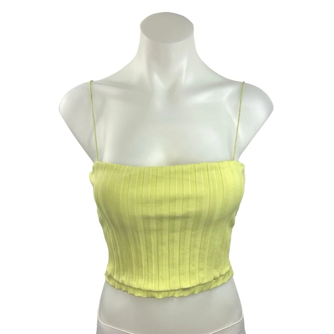 Good American Yellow Ribbed Spaghetti Strap Square Neck Sleeveless Crop Top Sz S