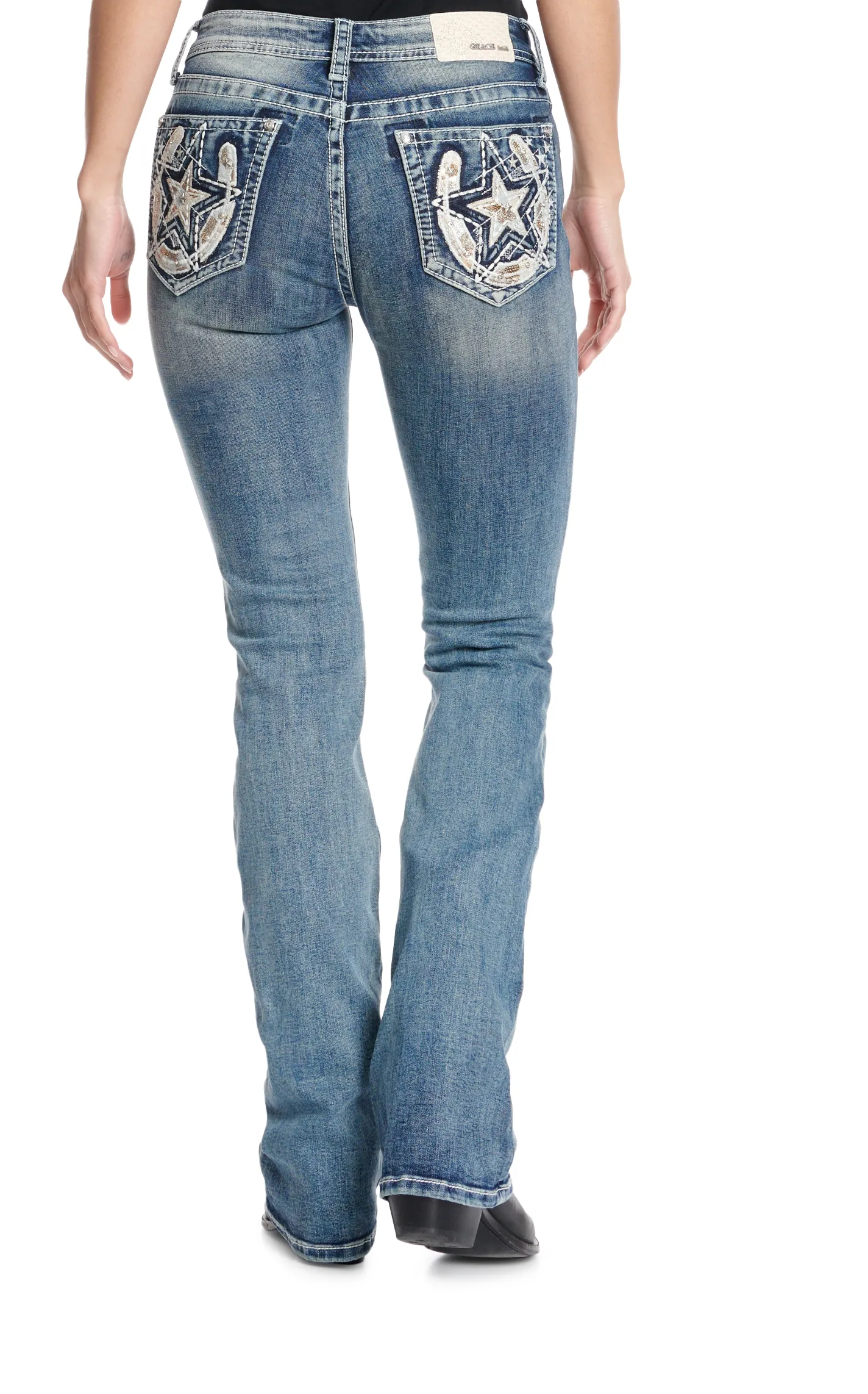 Grace in L.A. Women's Medium Wash Horseshoes & Stars Embroidered Easy Fit Jeans