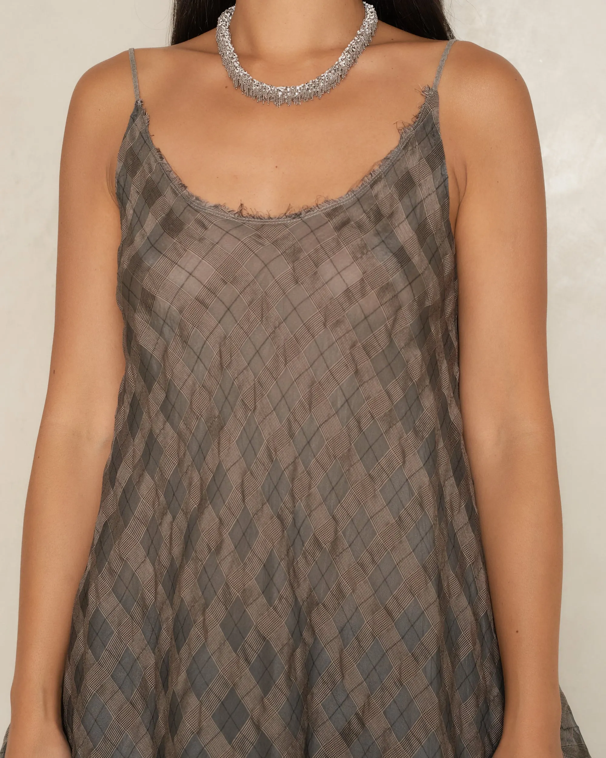 Grey Green Check Sleeveless Top