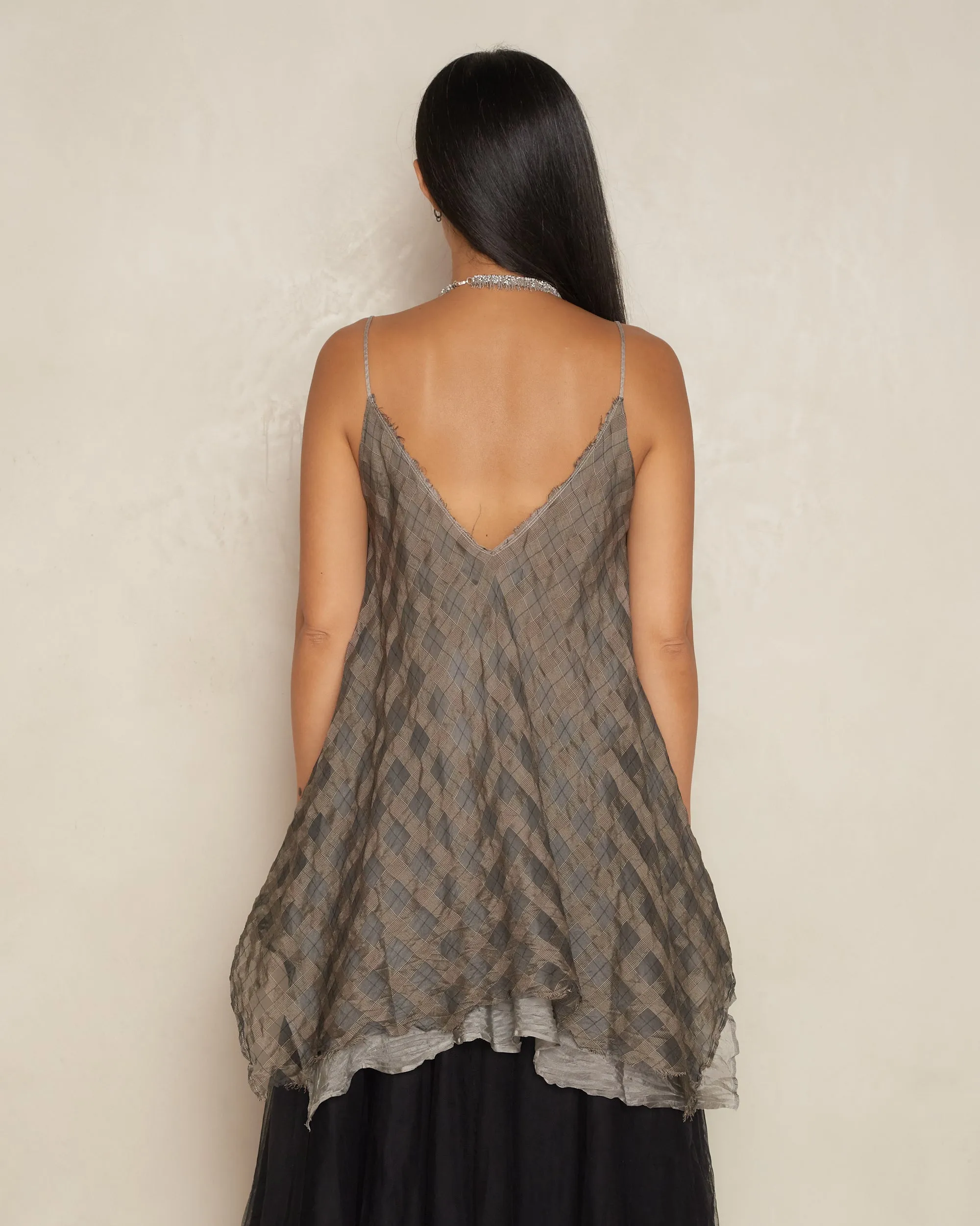 Grey Green Check Sleeveless Top