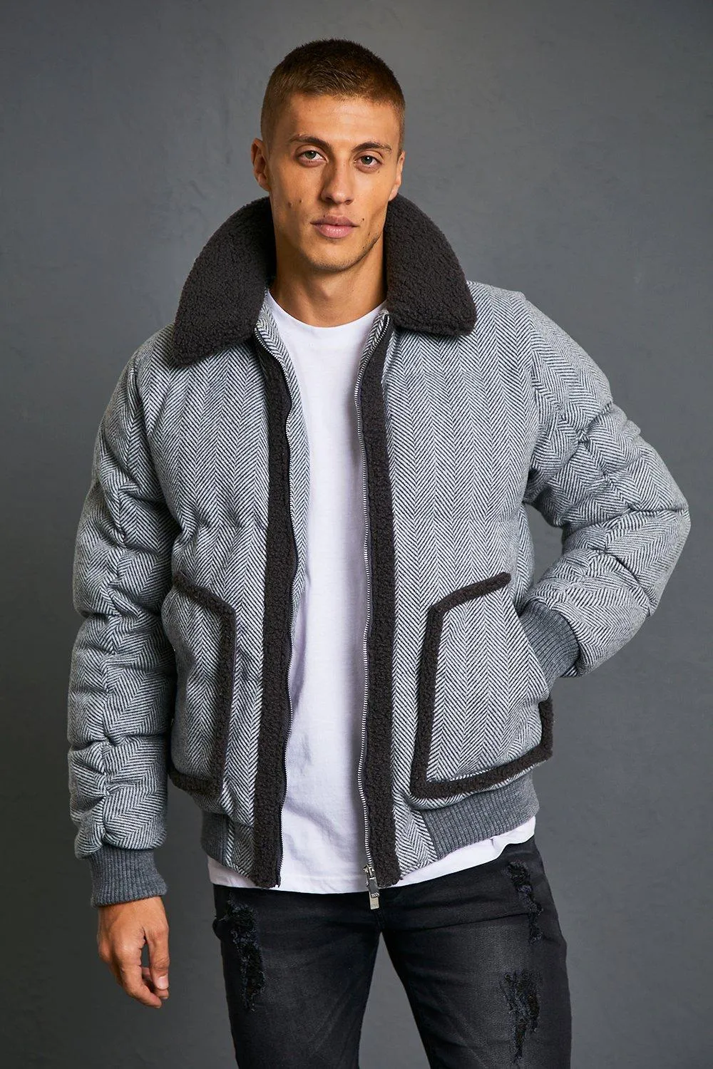 Herringbone Borg Collar Puffer Aviator