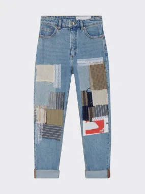 High Waisted Recycled Fully Patchwork Jeans, Blue Denim