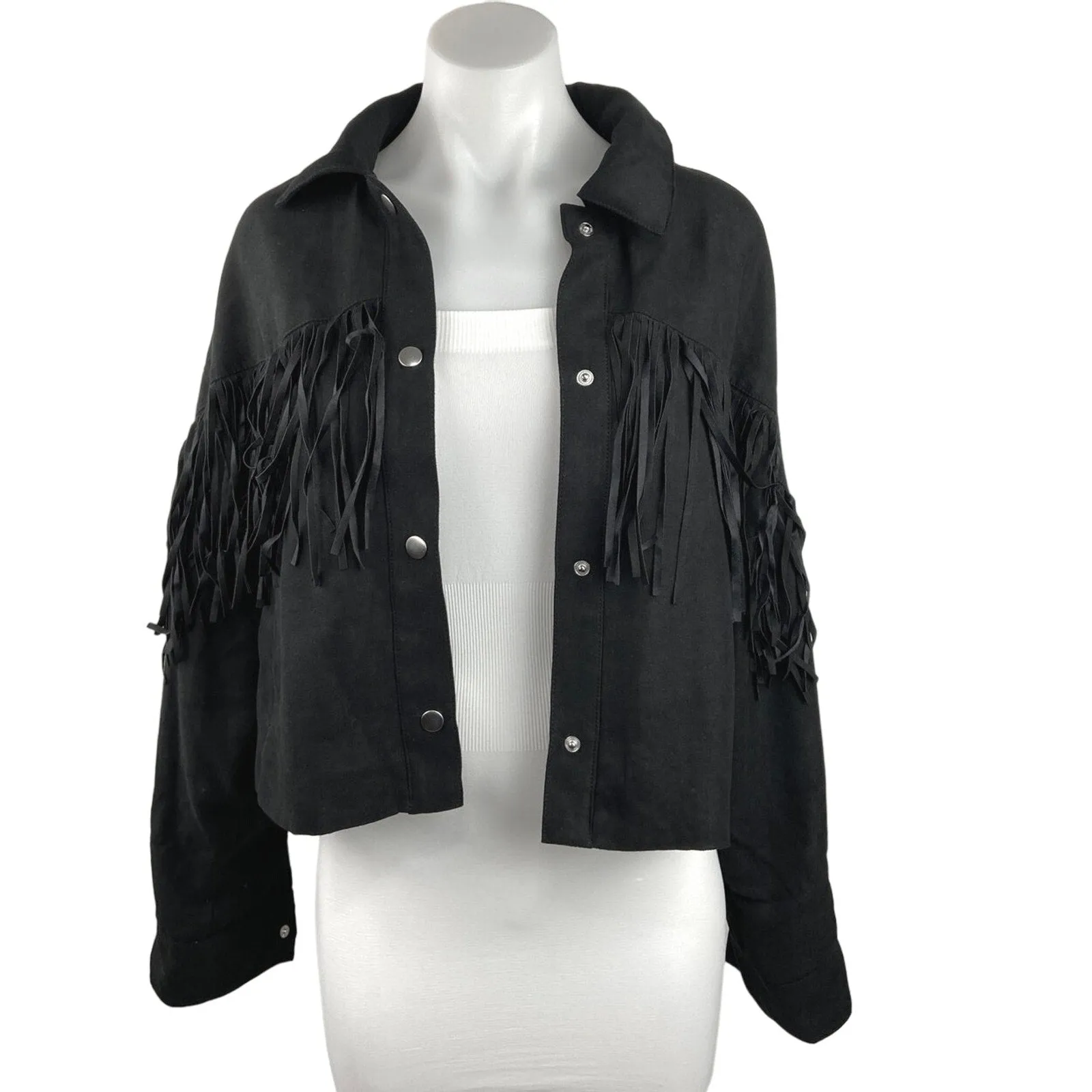 H&M Divided Black Faux Suede Fringe-Trimmed Snap Button Down Collar Jacket Sz M