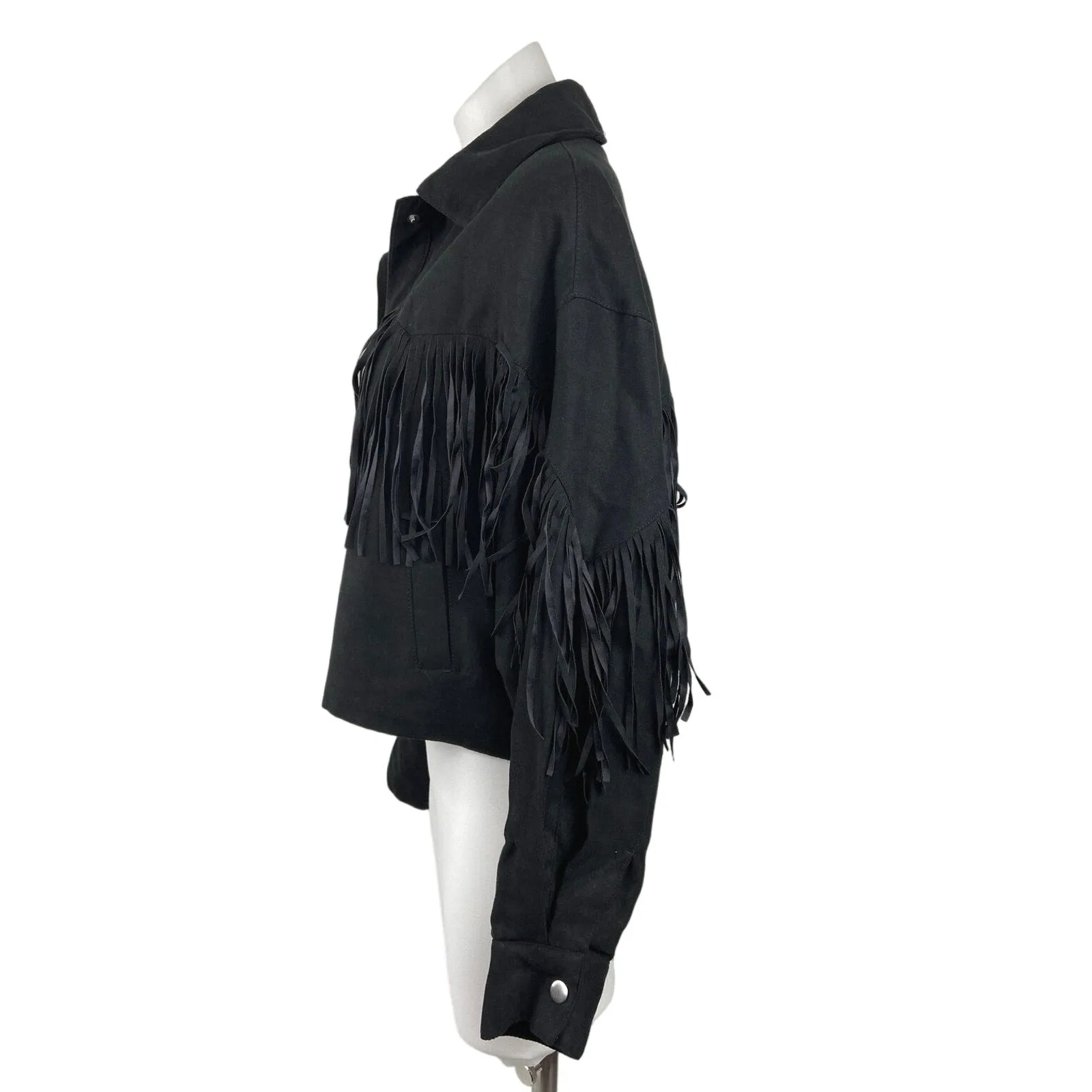 H&M Divided Black Faux Suede Fringe-Trimmed Snap Button Down Collar Jacket Sz M