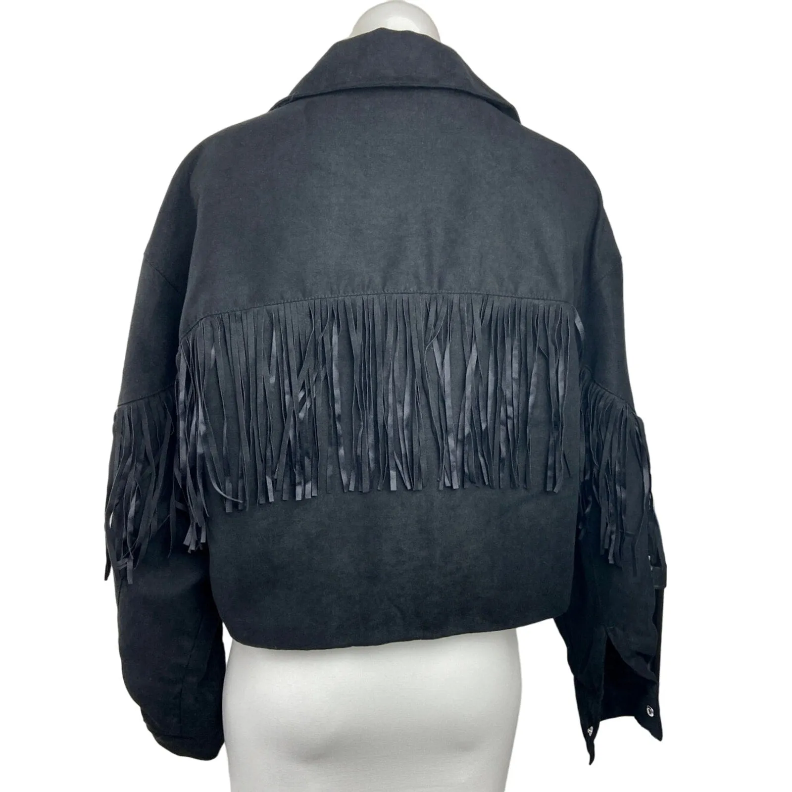 H&M Divided Black Faux Suede Fringe-Trimmed Snap Button Down Collar Jacket Sz M