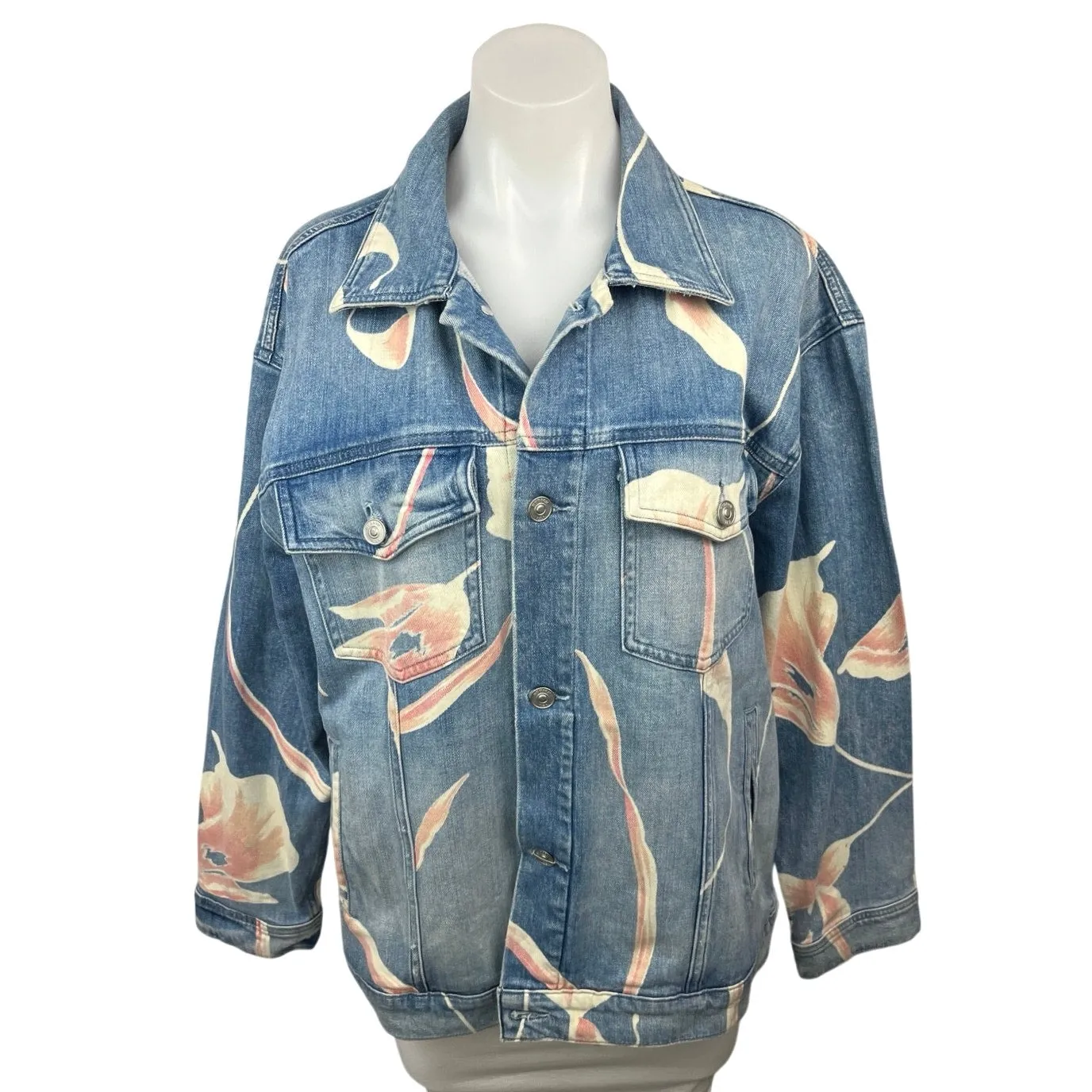 Hudson Women's Blue Floral Medium Wash Button Down Denim Jean Jacket Size M