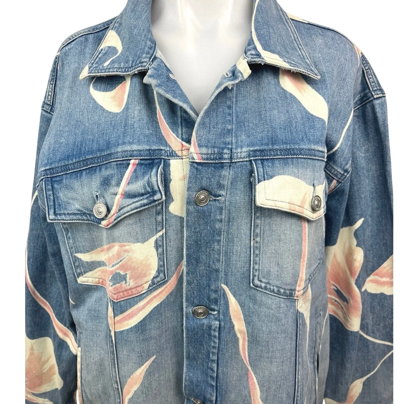 Hudson Women's Blue Floral Medium Wash Button Down Denim Jean Jacket Size M