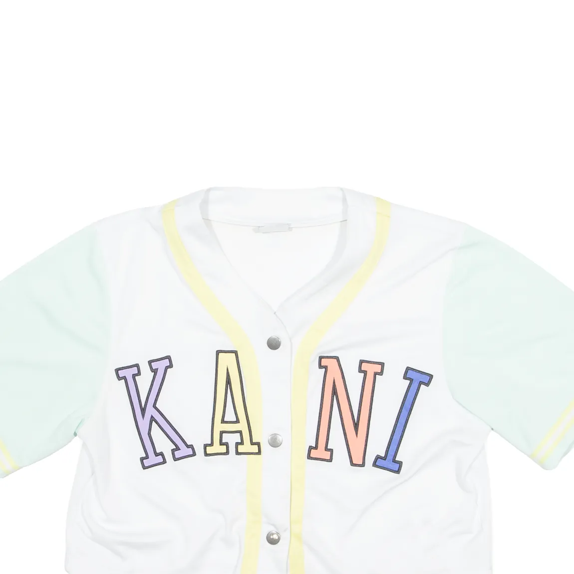 KARL KANI Cropped Baseball Button Up Womens Jersey White V-Neck XS