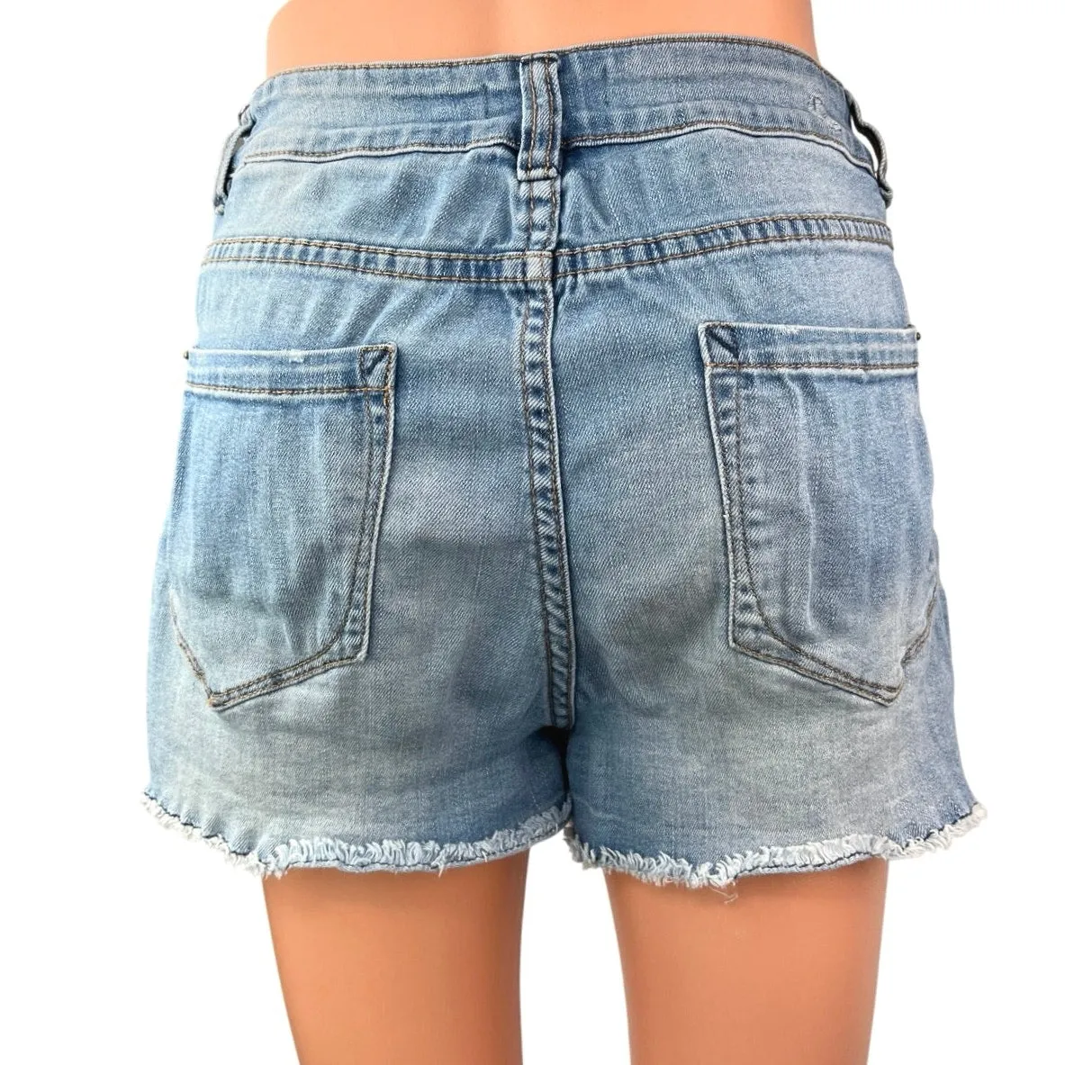 Kensie Blue Patchworks Mid Rise Distressed Raw Hem Cut-off Denim Jeans Shorts 29