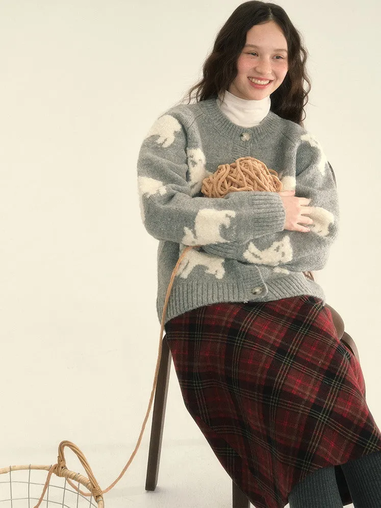Knit Sheep Ribbon Retro Cres-Neck Cardigan