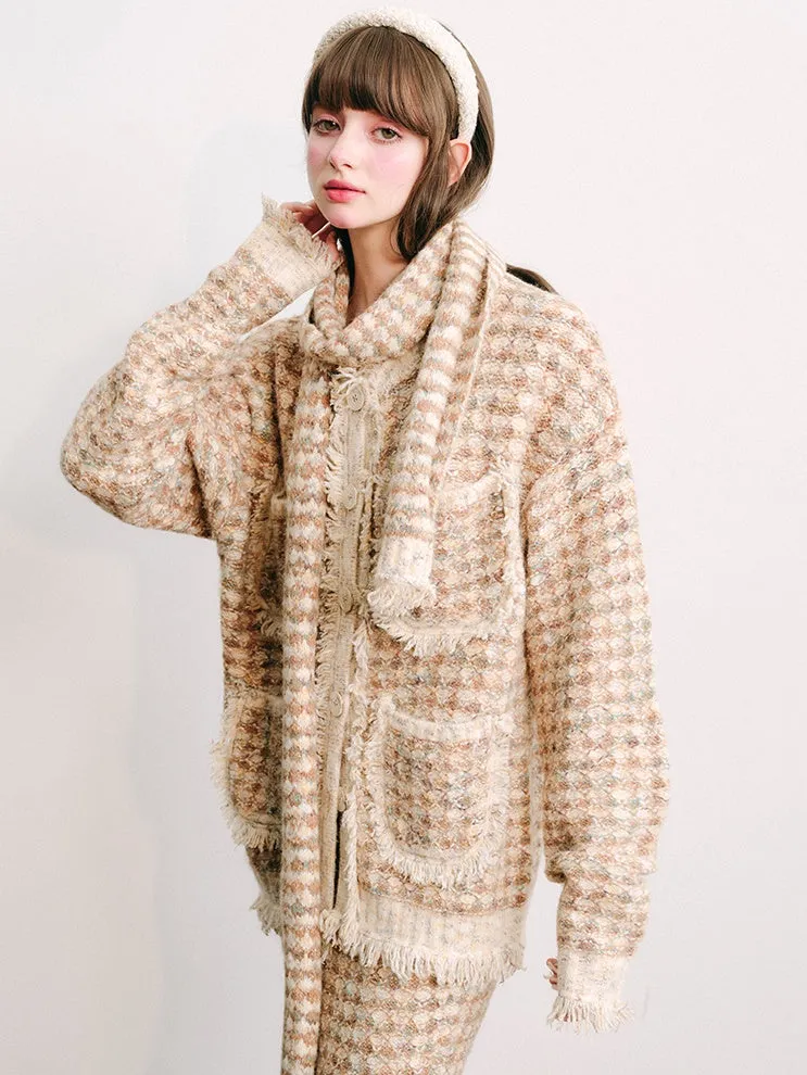 Knitted Fringe Cardigan Jacket With Stole ＆ Long Skirt