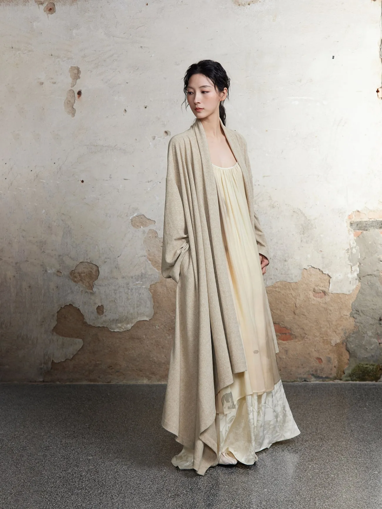 Knitted Pile Collar Long Gown Cardigan