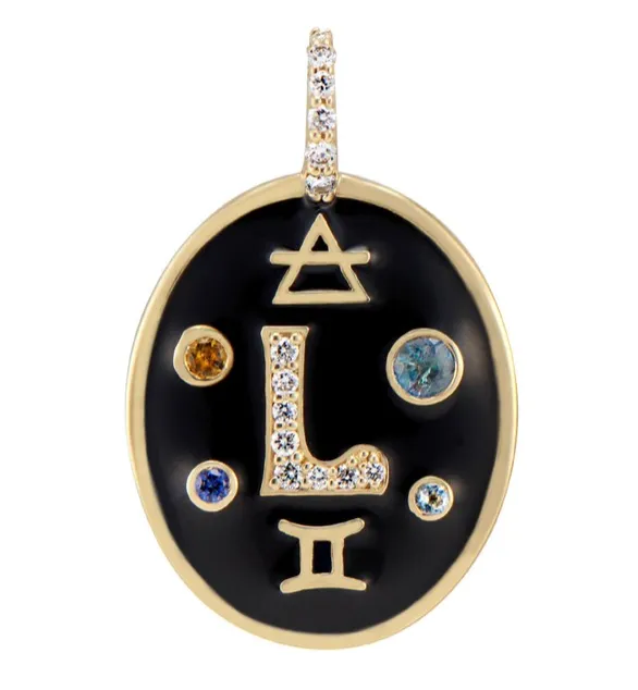 L enamel initial pendant 14kt yg black enamel