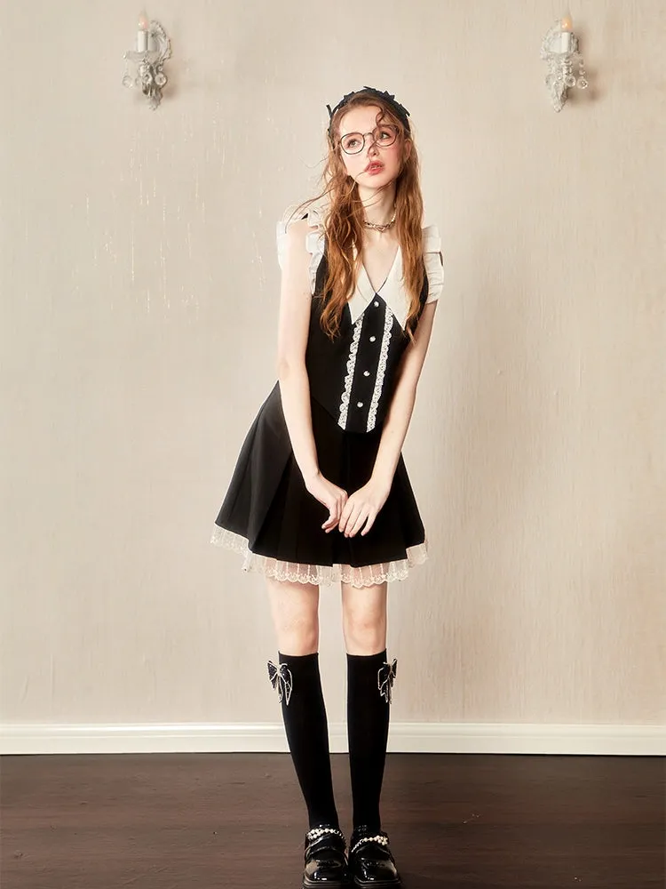 Lace Chic Frill Monotone Vest＆Mini-Skirt