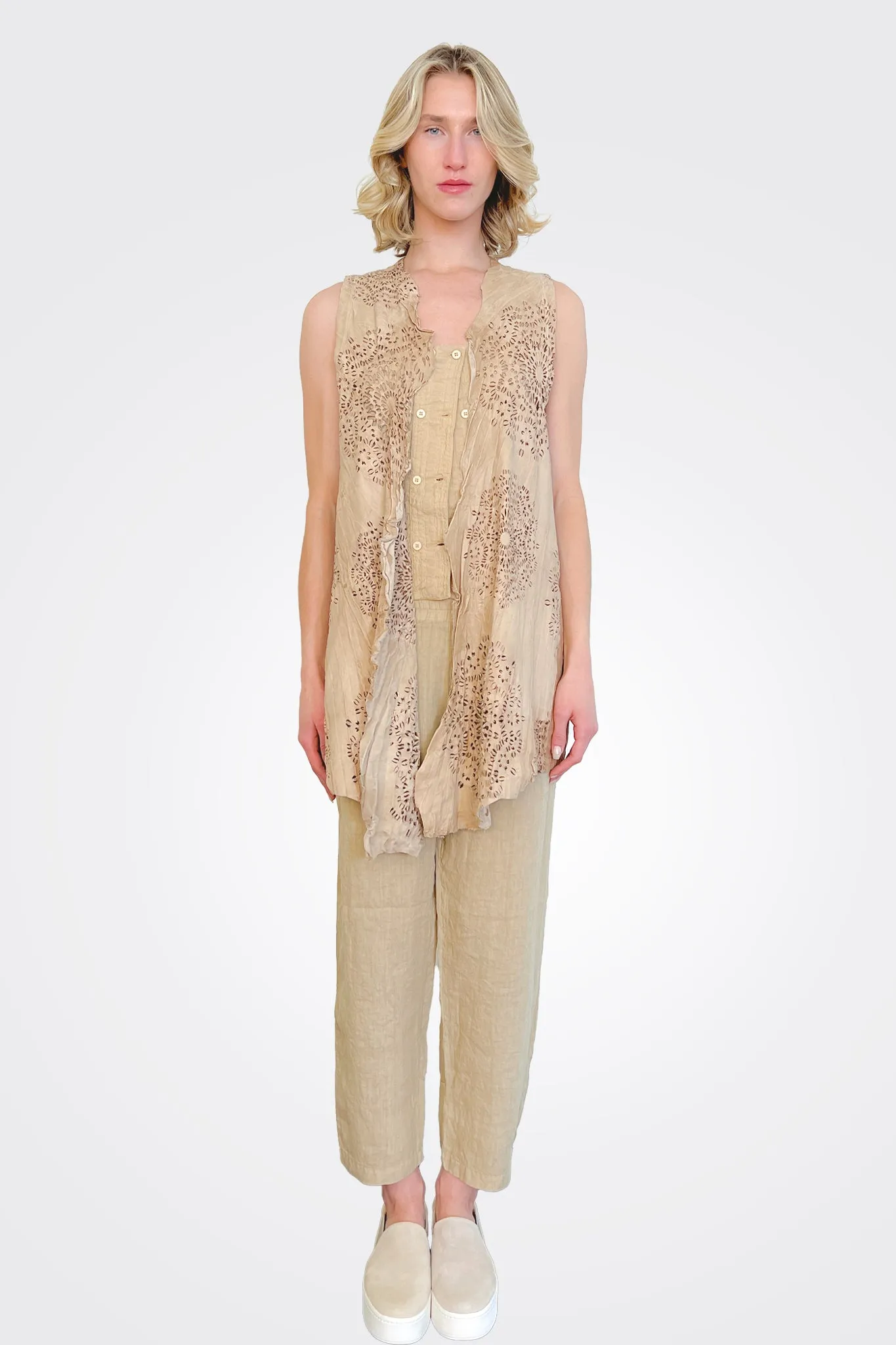 Lasercut Long Vest - Beige