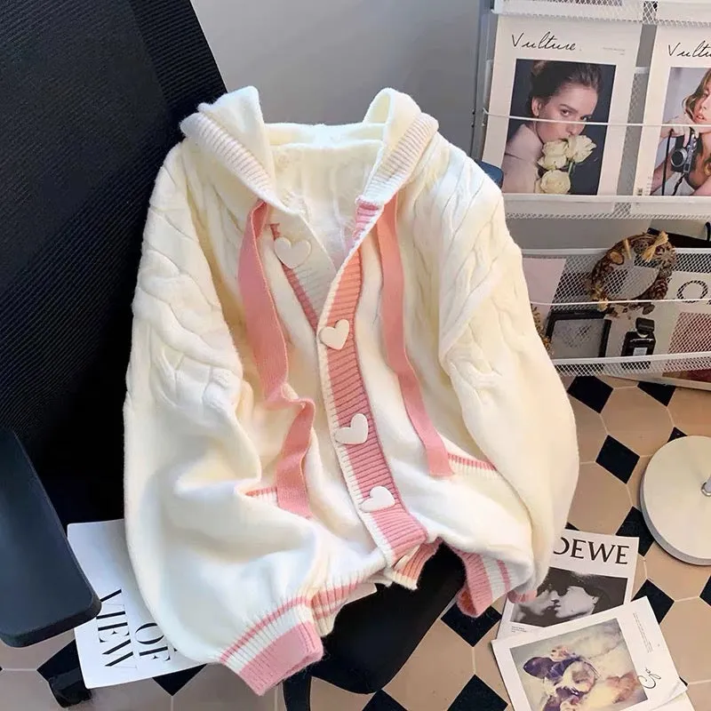 Lazy style hooded sweater jacket for women in autumn and winter, loose design for outer wear, sweet and age-reducing knitted car
