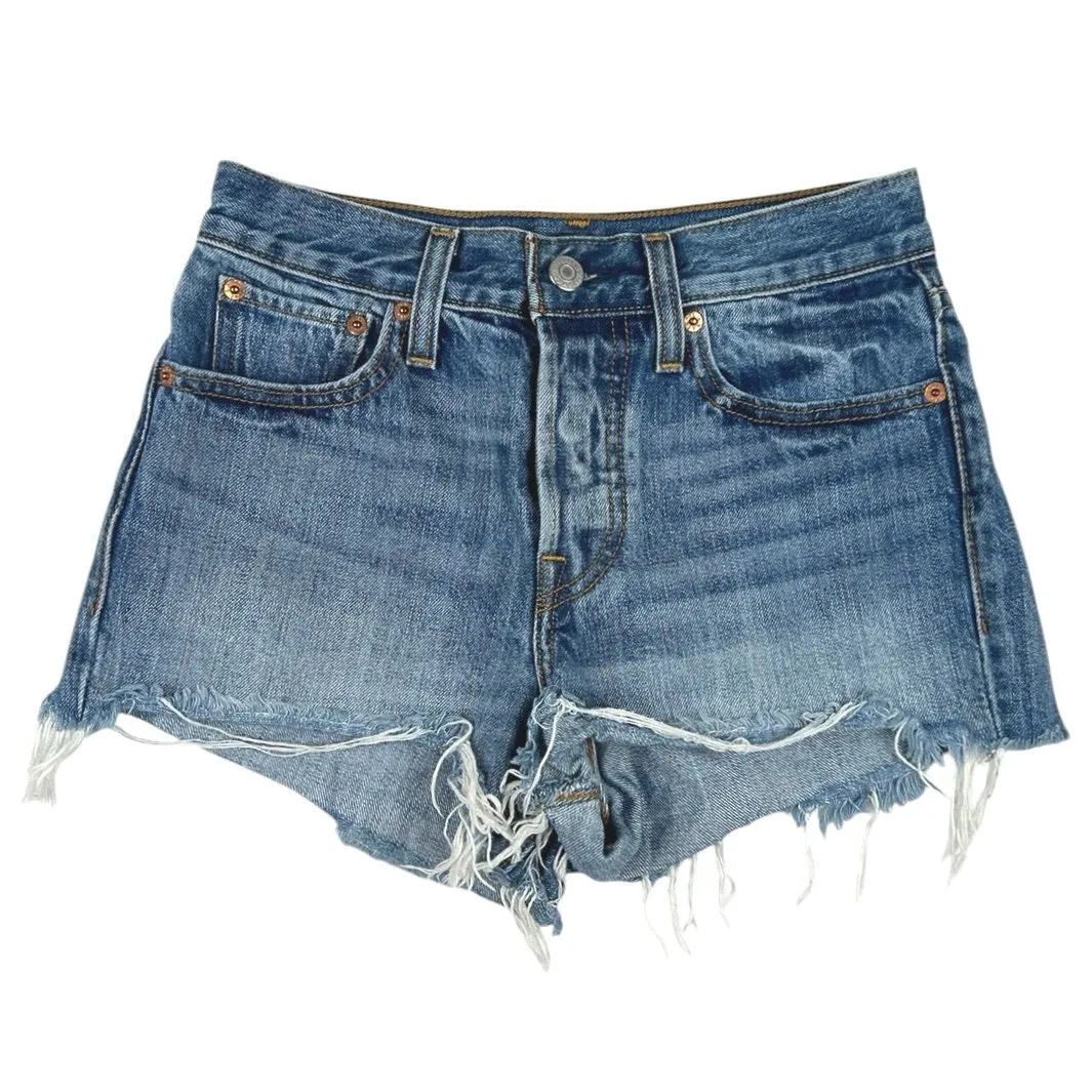 Levi's Blue Medium Wash Mid Rise Distressed Frayed Raw Hem Denim Jeans Shorts 25