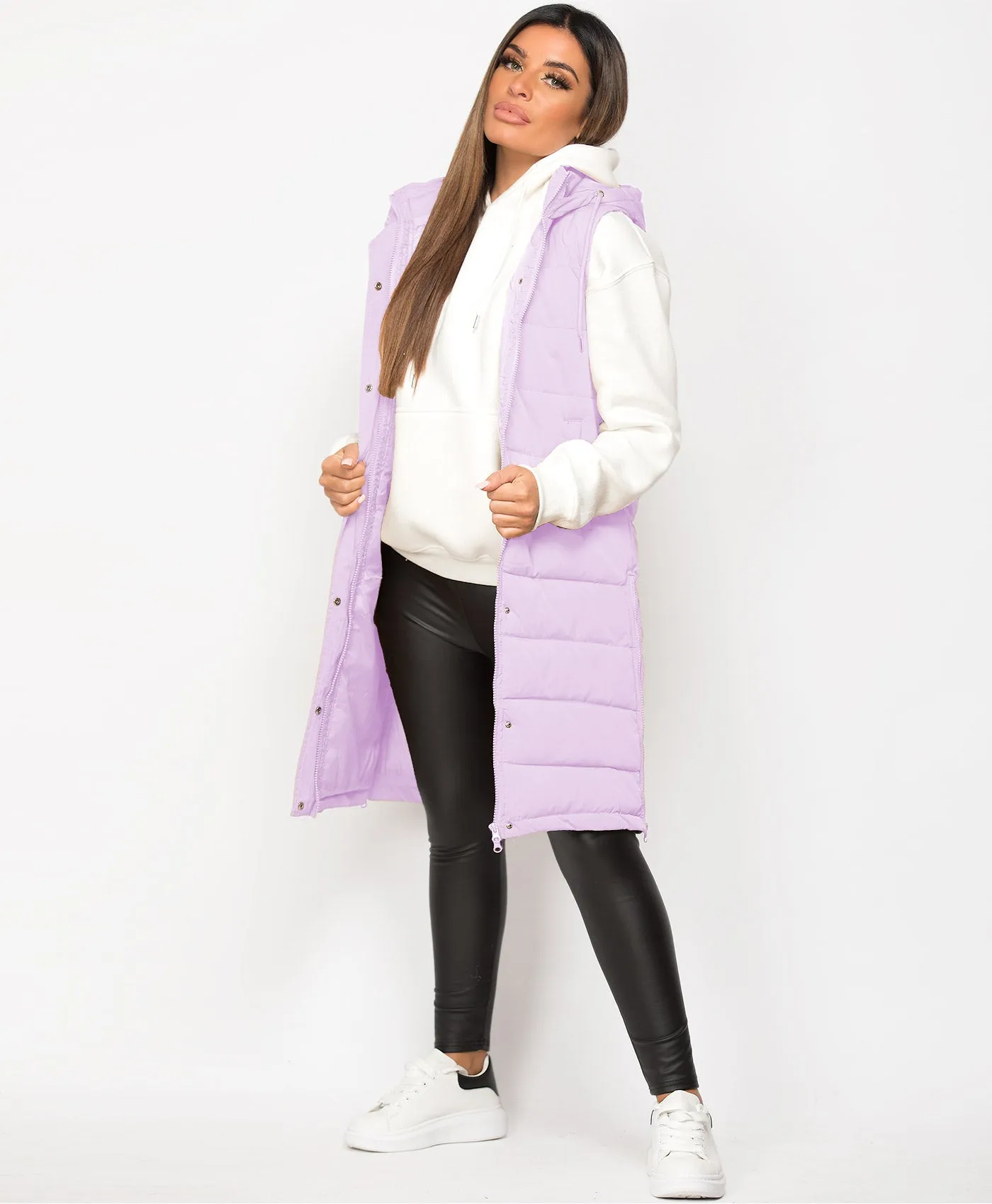 Lilac Hooded Side Split Quilted Puffer Long Gilet Bodywarmer