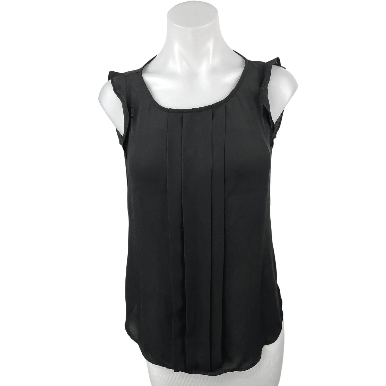 LOFT Womens Black Sleeveless Ruffle Crewneck Pleats Keyhole Casual Blouse Top XS