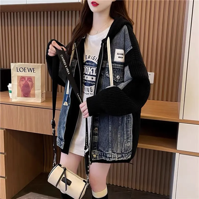 Loose and lazy denim patchwork sweater cardigan for women 2023 new autumn Korean style hooded knitted jacket (S0610)