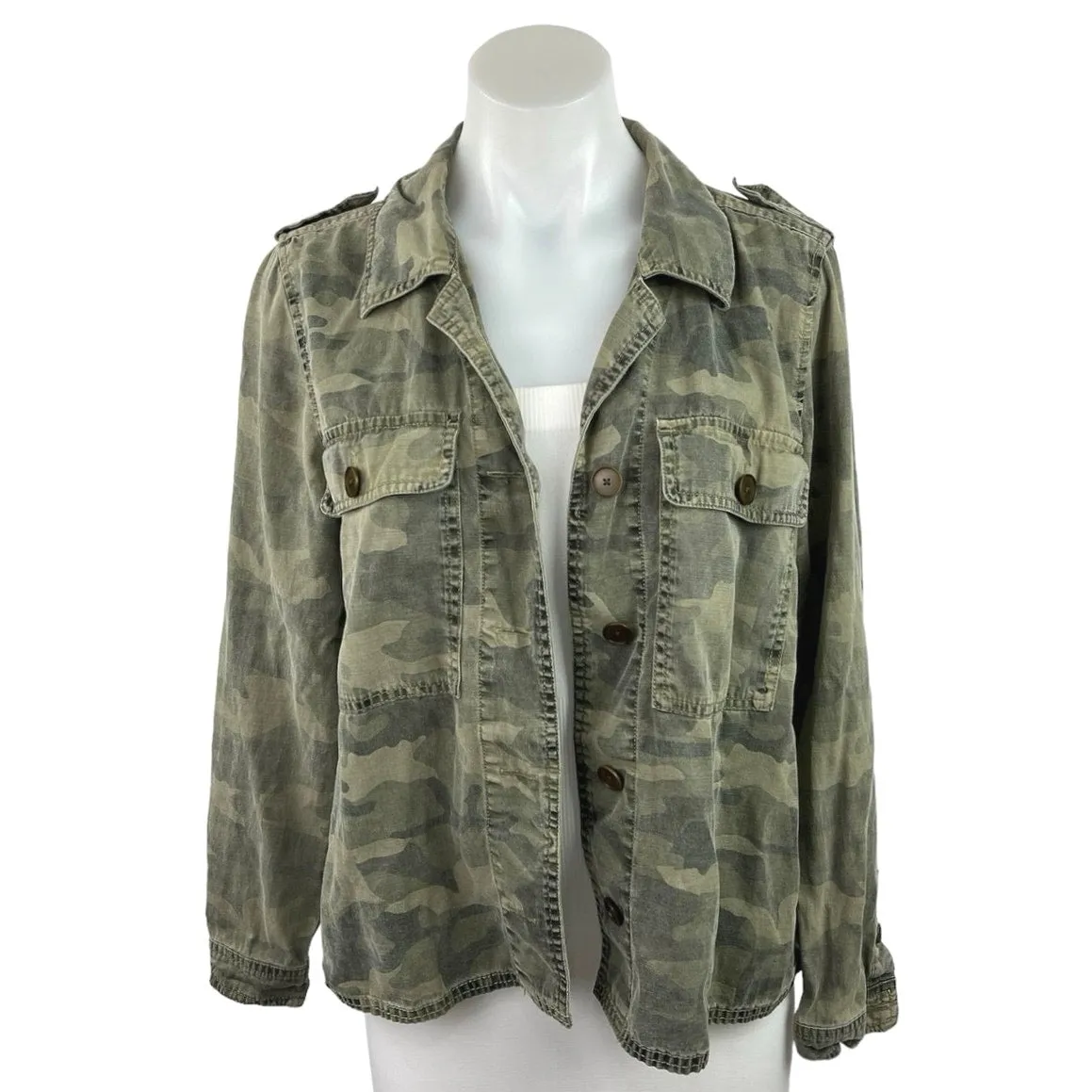 Lucky Brand Olive Green Camo Button Down Long Sleeve Military Shirt Jacket Sz S