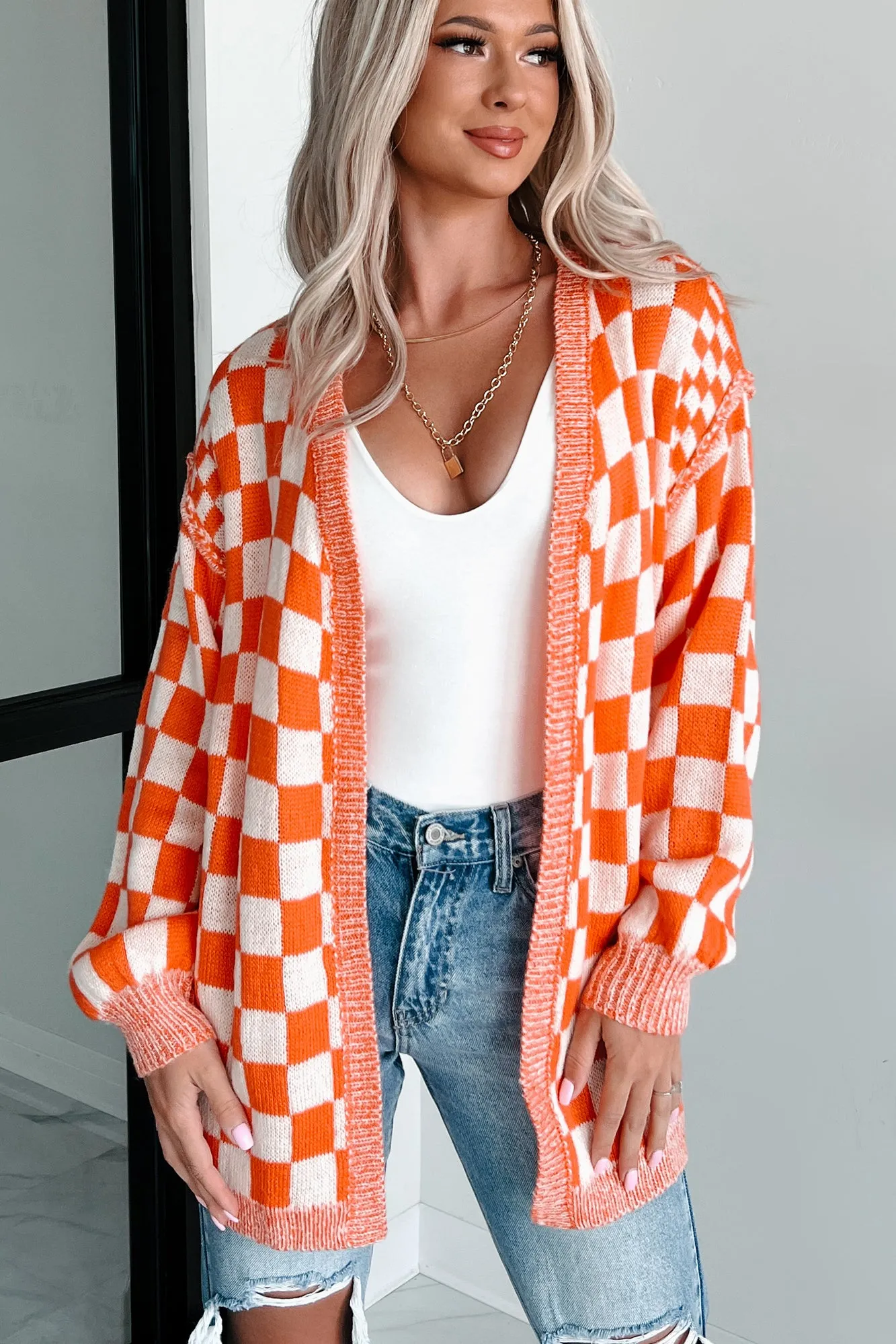 Magnetic Aura Checkered Cardigan (Orange)